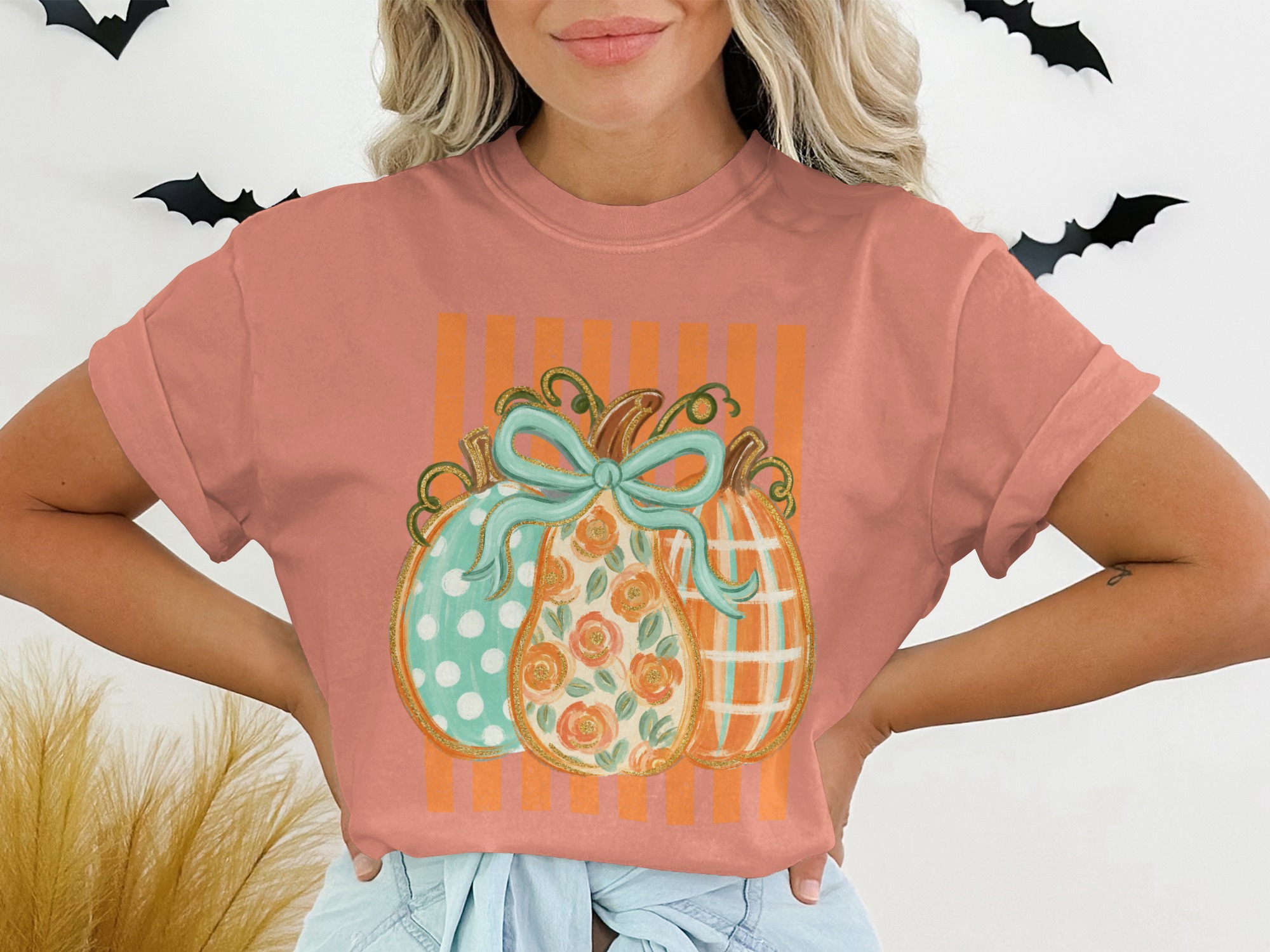 Cozy Autumn Pumpkins T-Shirt | Women's Fall Decor Graphic Tee with Faux Gold Outline & Teal Bow for Harvest Season - Image 2