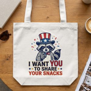 Funny Raccoon Tote Bag, I Want You To Share Snacks, Quirky Uncle Sam Animal Canvas Shopper Carryall Gift