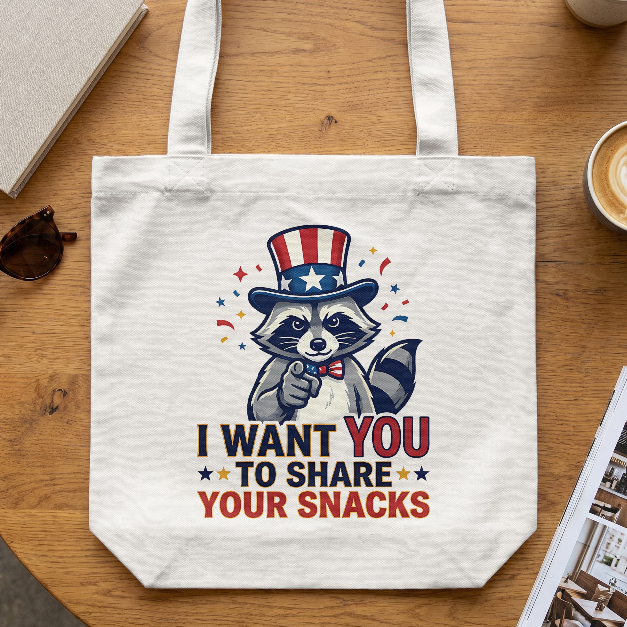 Funny Raccoon Tote Bag, I Want You To Share Snacks, Quirky Uncle Sam Animal Canvas Shopper Carryall Gift
