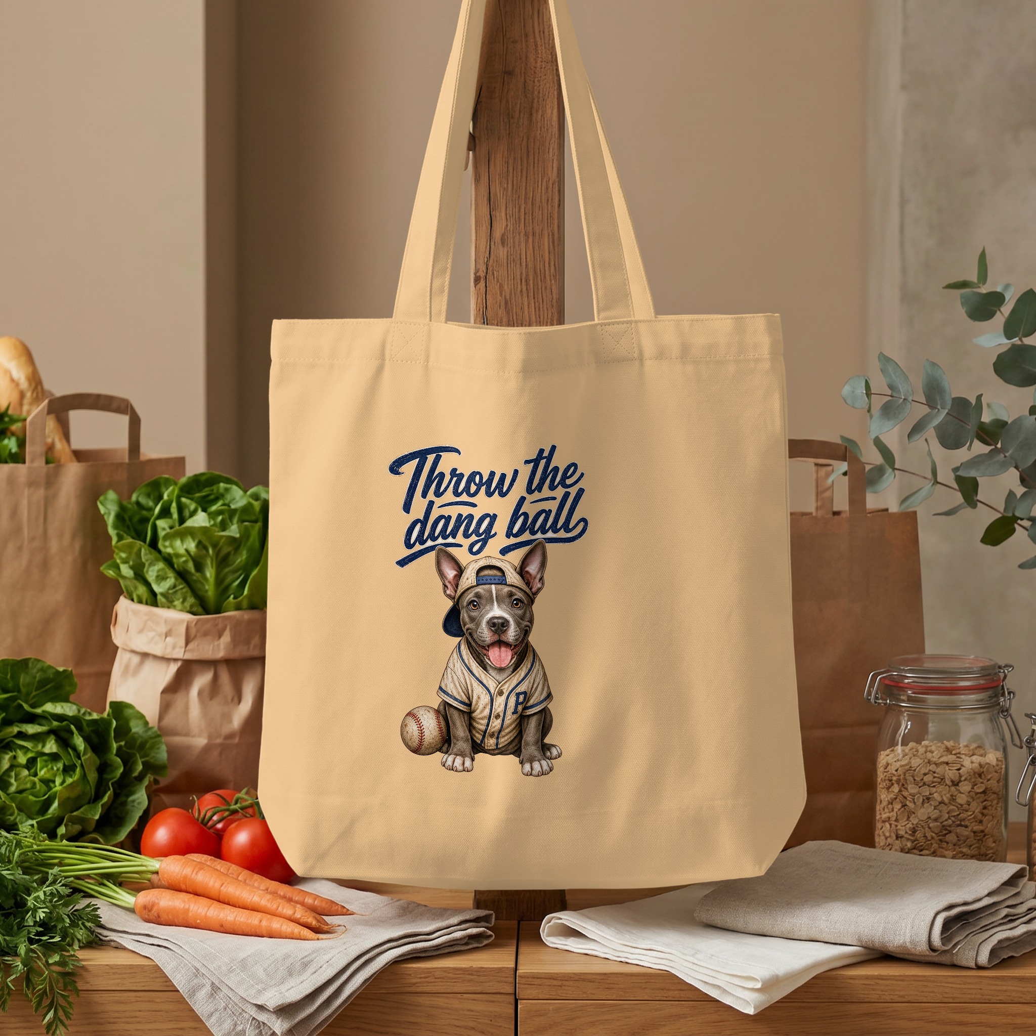 Baseball Dog Tote Bag, 'Throw the Dang Ball' Puppy Lover Reusable Canvas Shopper Bag, Cute Pet Mom Gift - Image 4