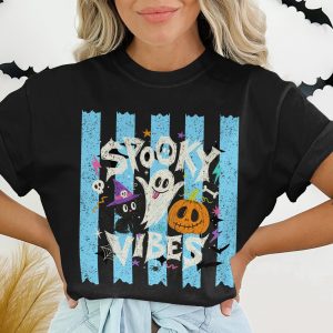 Spooky Vibes Halloween Graphic Tee | Cute Ghost Witchy Cat Jack O Lantern Fall Season Women's Trendy Funny Spooky T-Shirt Gift