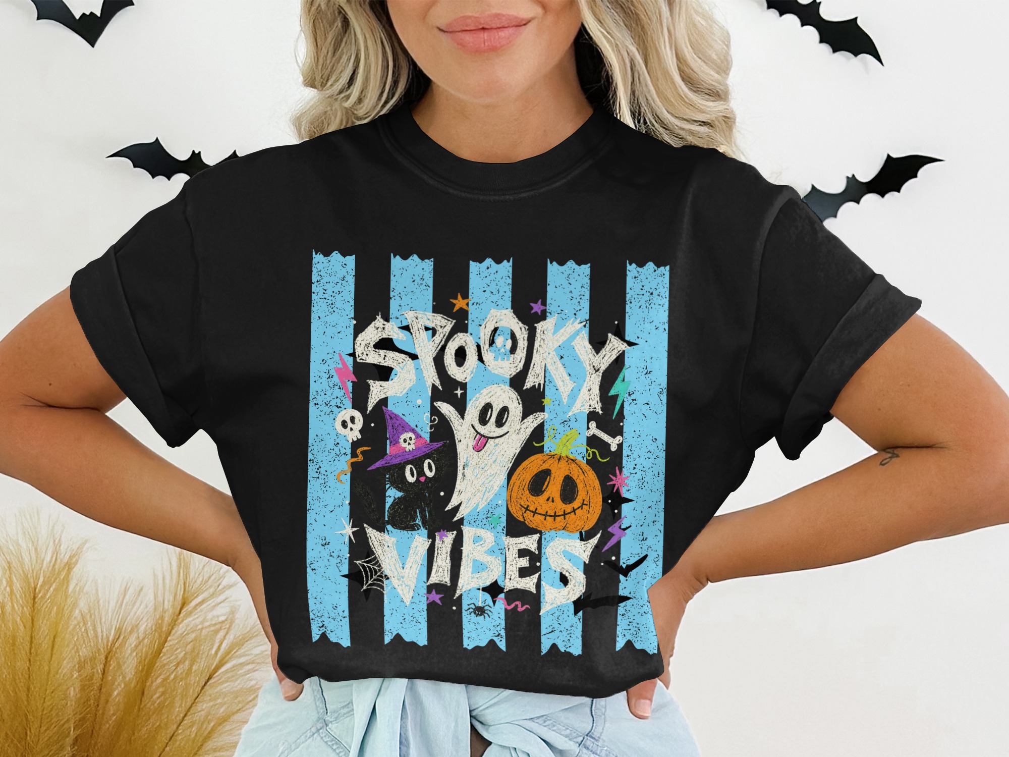 Spooky Vibes Halloween Graphic Tee | Cute Ghost Witchy Cat Jack O Lantern Fall Season Women's Trendy Funny Spooky T-Shirt Gift