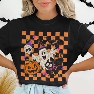 Spooky Cute Halloween T-Shirt, Retro Checkered Ghost Pumpkin Black Cat Shirt, Funky Spooky Season Tee, Fall Vibes Unisex Graphic Tee