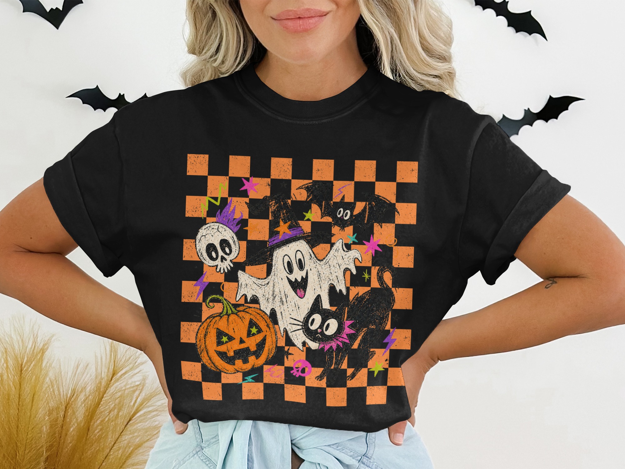 Spooky Cute Halloween T-Shirt, Retro Checkered Ghost Pumpkin Black Cat Shirt, Funky Spooky Season Tee, Fall Vibes Unisex Graphic Tee