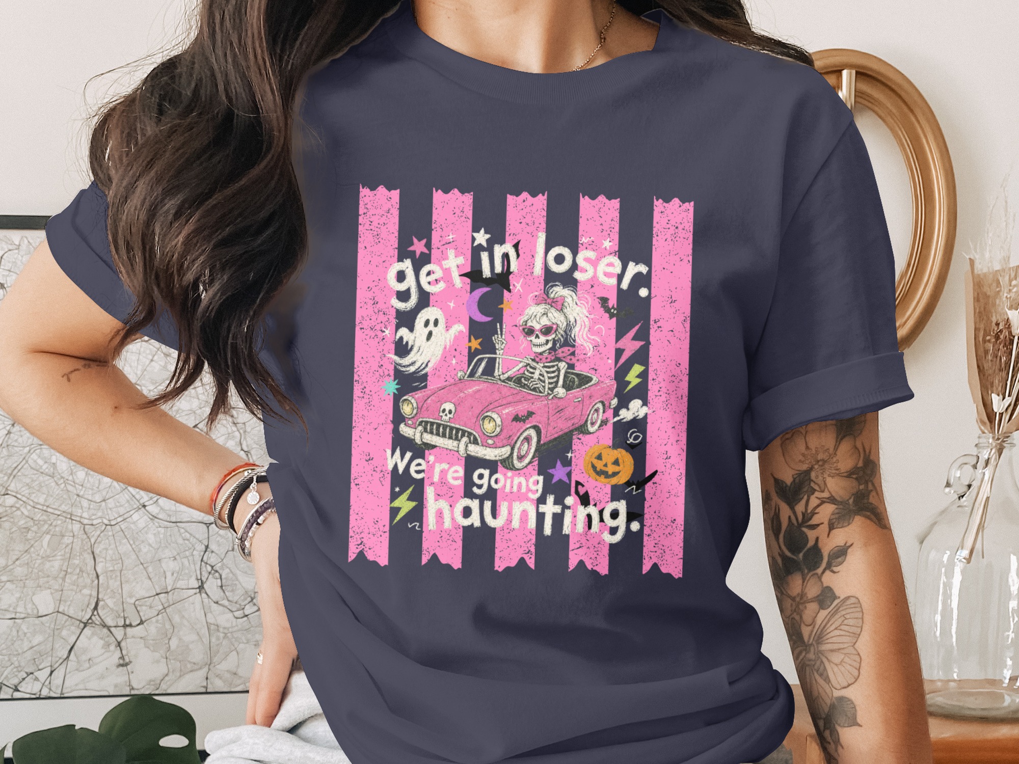 Mean Ghoul Halloween Shirt - Get In Loser We're Going Haunting Retro Funny Skeleton Barbie Driver T-Shirt - Image 3