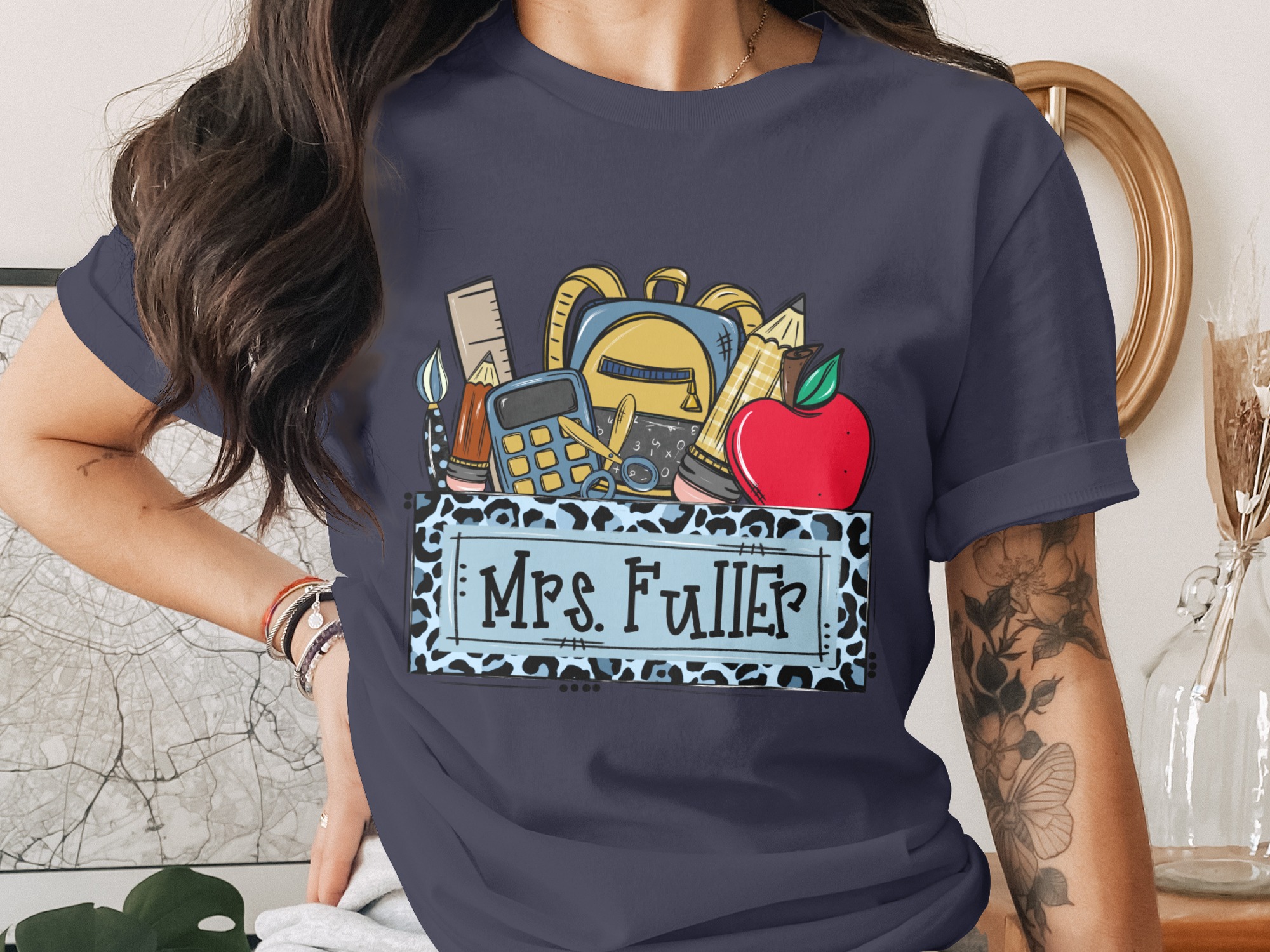 Custom Teacher T-Shirt, Personalized School Supplies Tee with Blue Leopard Print, Back to School Educator Gift, Made to Order Mascot Name - Image 3