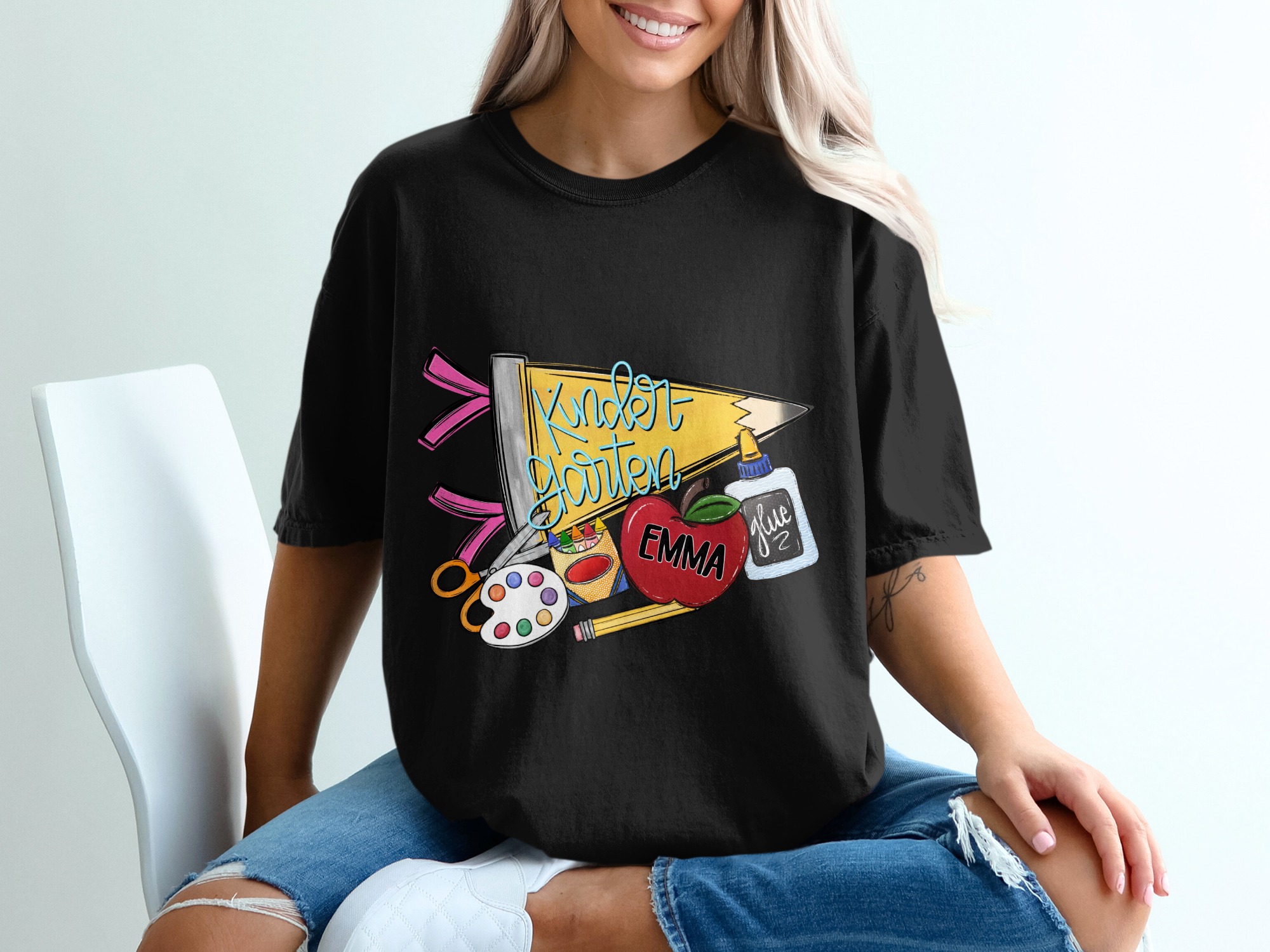 Personalized Kindergarten Teacher Gift T-Shirt | Custom School Supplies Back To School Kids Shirt | First Day Of Kinder Apparel - Image 8