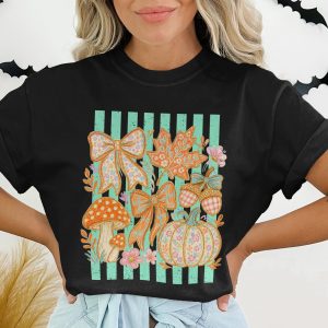 Cottagecore Mushroom Bows & Pumpkin Fall T-Shirt | Whimsical Autumn Leaves Acorns Graphic Cozy Nature Tee Gift