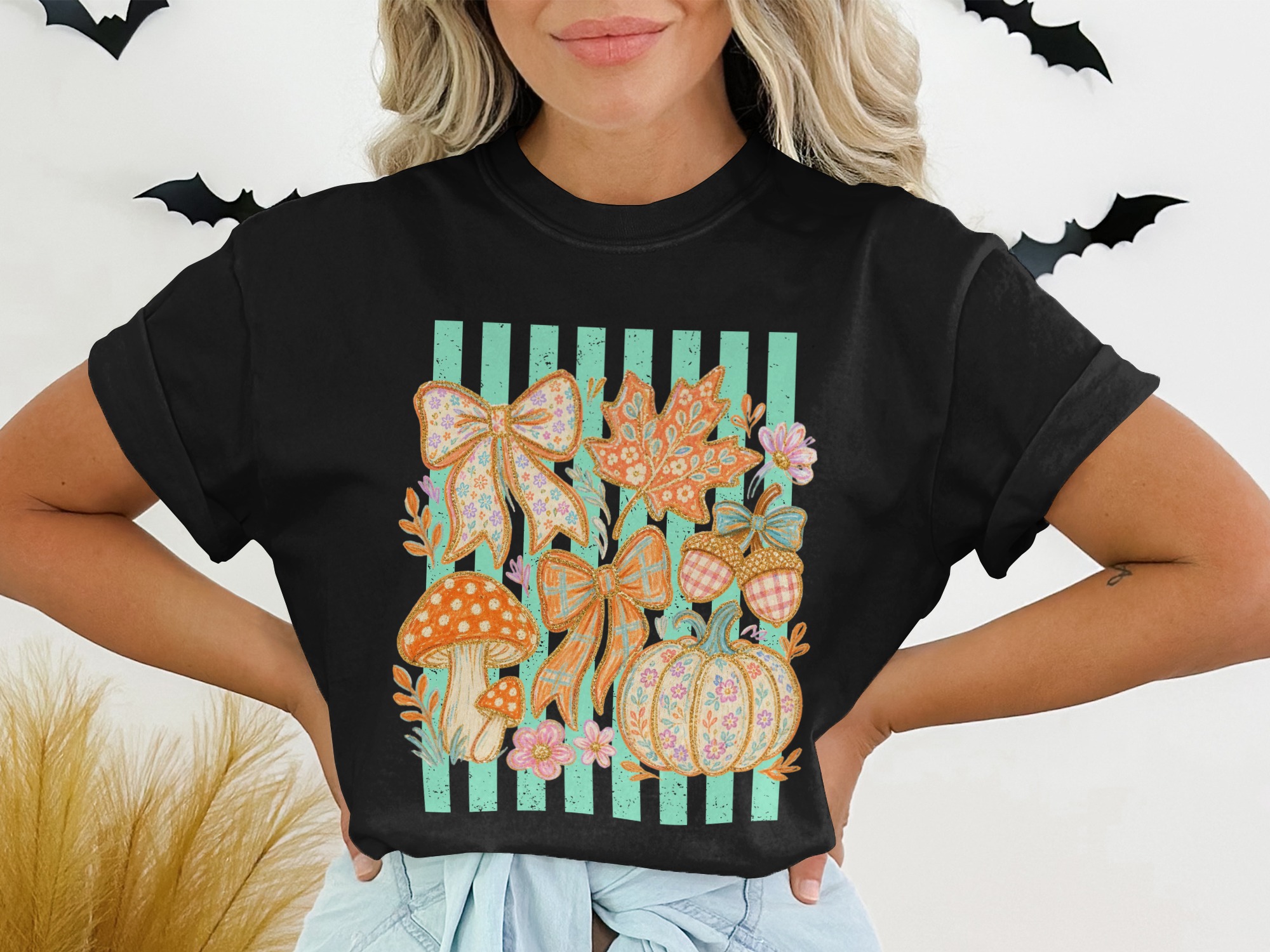 Cottagecore Mushroom Bows & Pumpkin Fall T-Shirt | Whimsical Autumn Leaves Acorns Graphic Cozy Nature Tee Gift