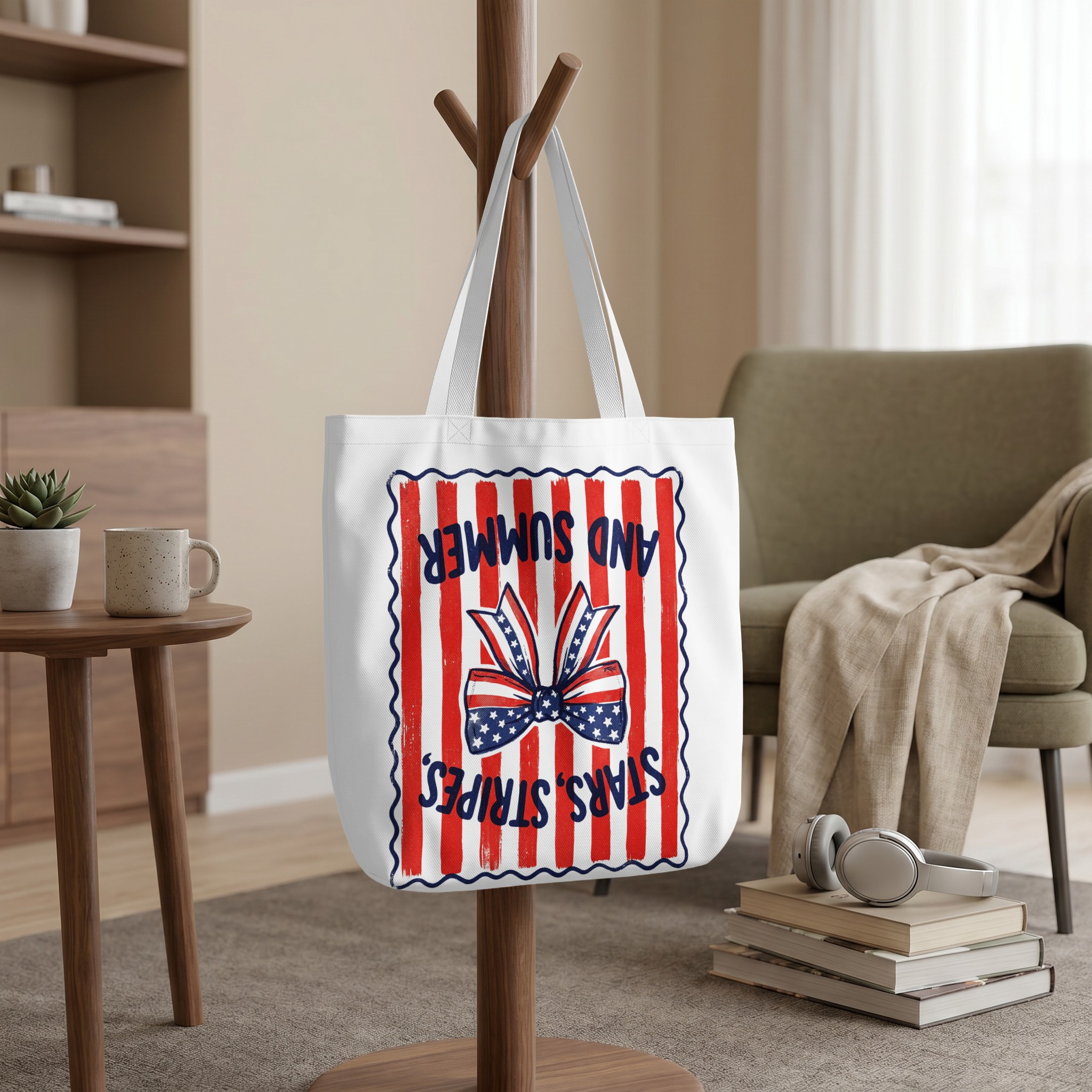 Stars, Stripes, and Summer Tote Bag | Patriotic American Flag Bow Design | Vintage Style Summer Canvas Bag Gift - Image 9