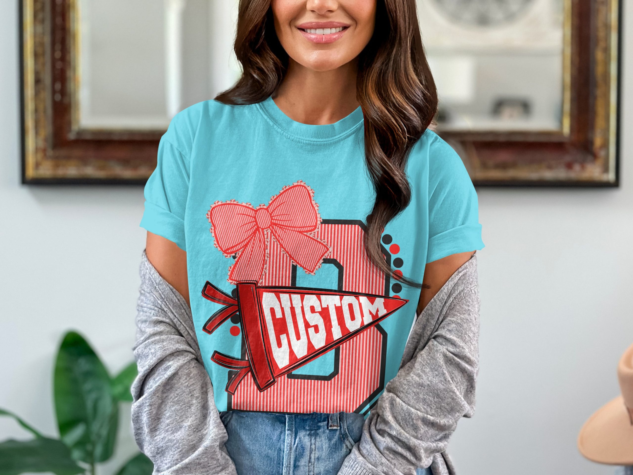 Custom Initial T-Shirt with Bow, Personalized Varsity Style Pennant Design, School Spirit College Team Mascot Letter Tee - Image 7