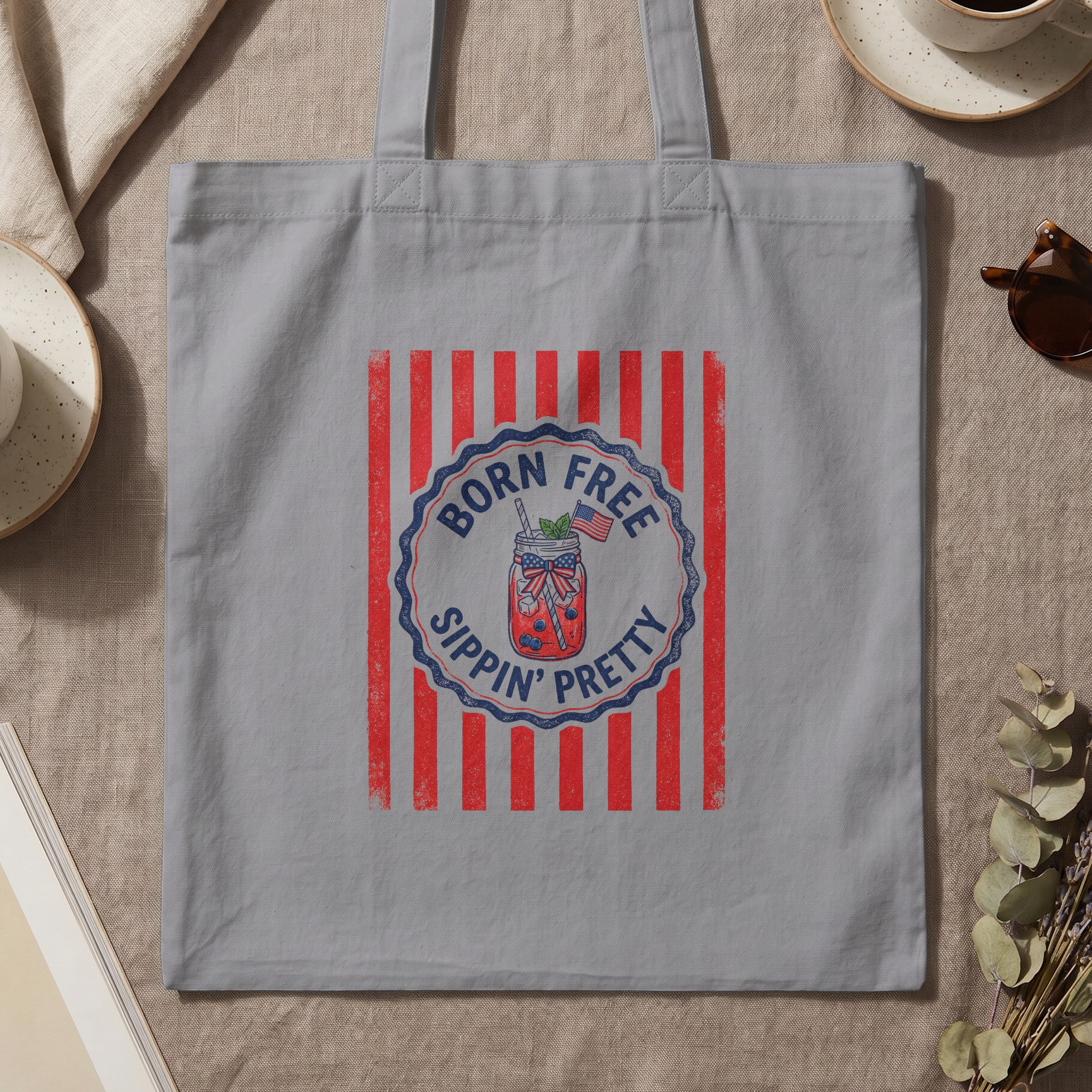 Born Free Sippin' Pretty Patriotic Tote Bag | Vintage Americana Summer Beach Bag | 4th of July Gift for Her - Image 3