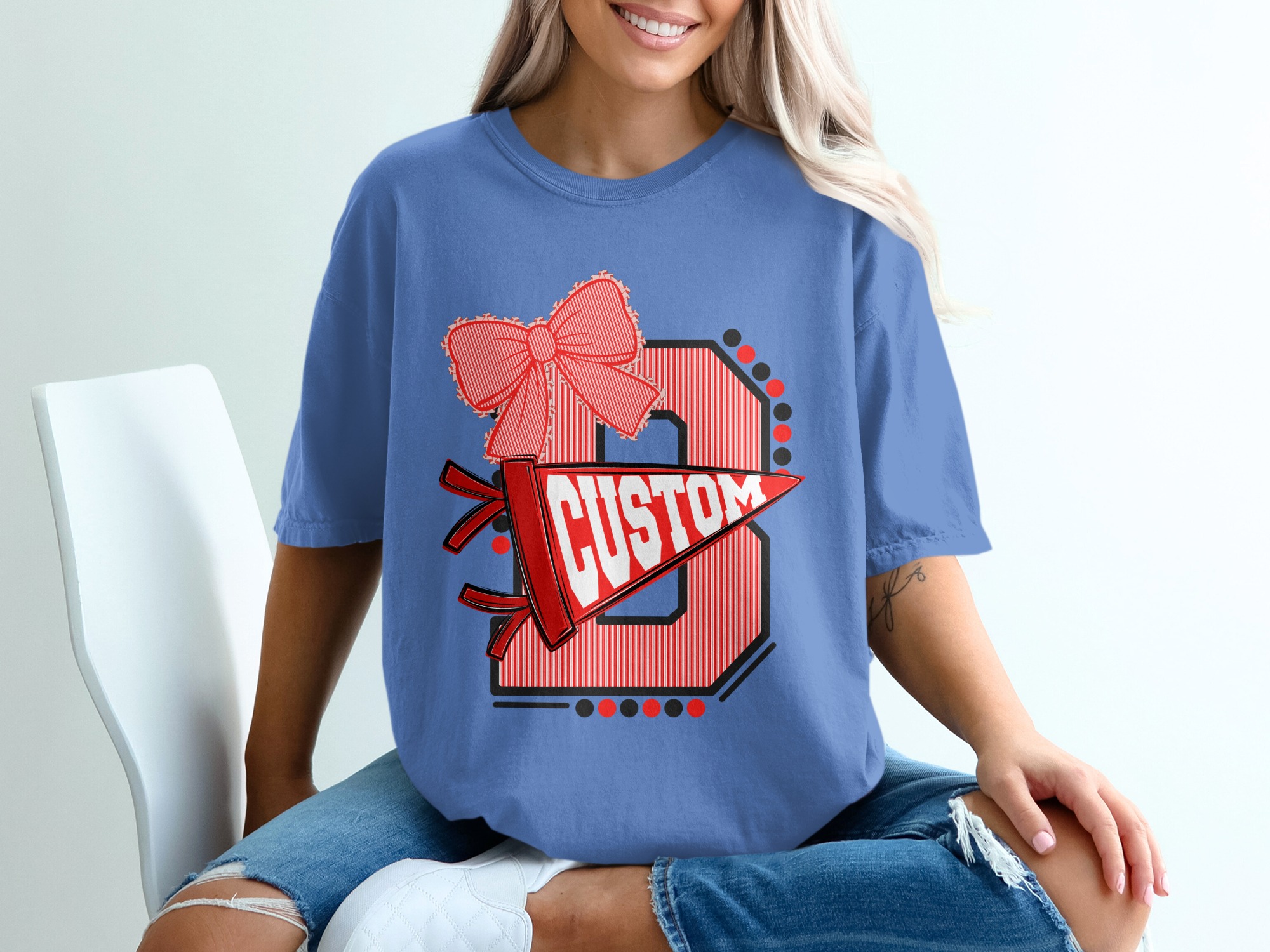 Custom Initial T-Shirt with Bow, Personalized Varsity Style Pennant Design, School Spirit College Team Mascot Letter Tee - Image 20