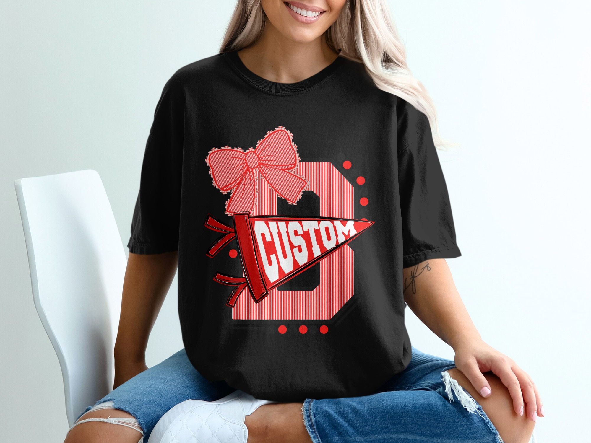 Custom Initial T-Shirt with Bow, Personalized Varsity Style Pennant Design, School Spirit College Team Mascot Letter Tee - Image 8