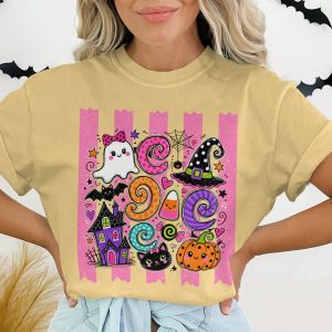 Cute Halloween Boo T-Shirt, Kawaii Spooky Candy Corn Ghost Pumpkin Witch Hat Design Tee for Fall Season
