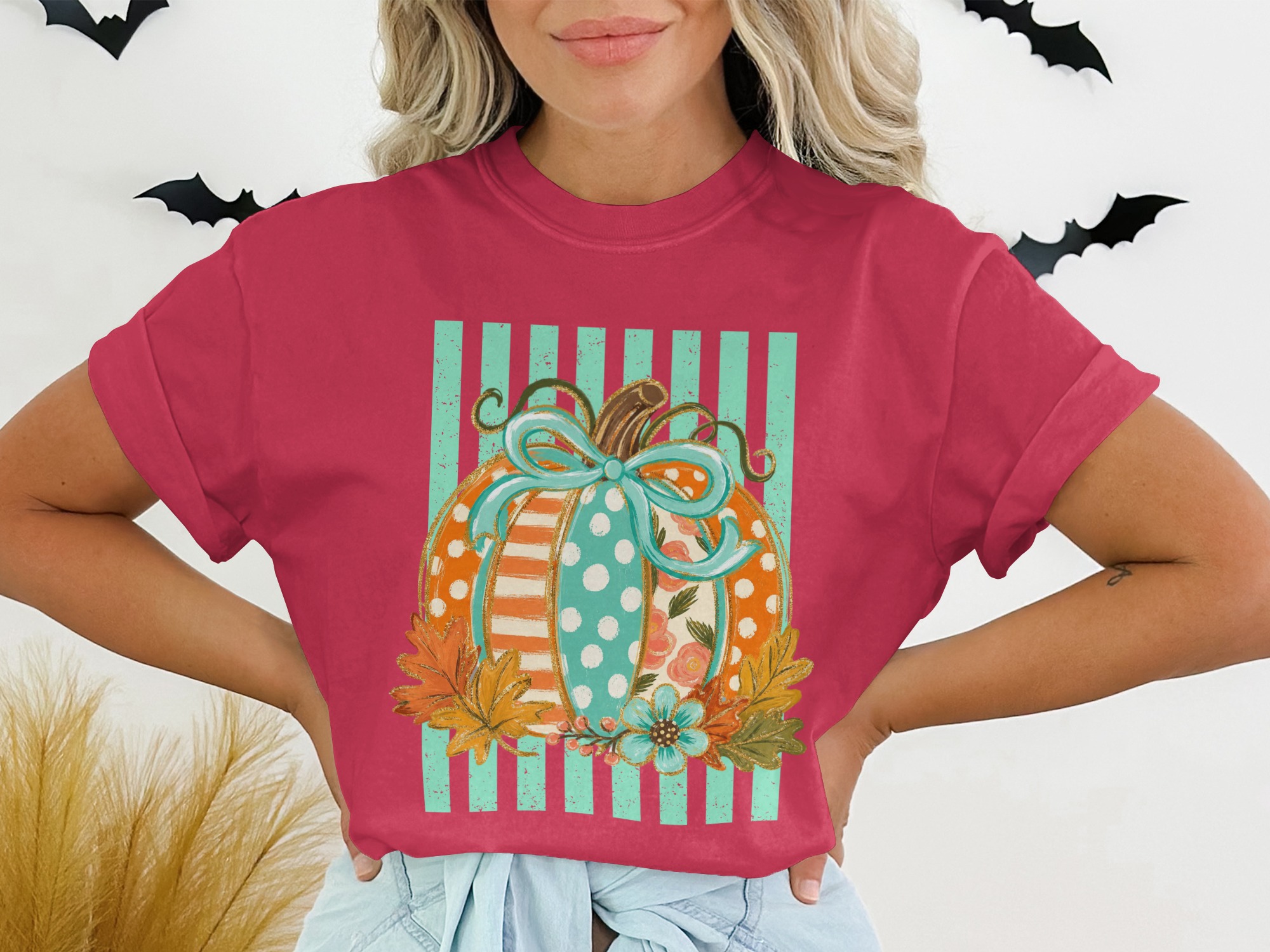 Cute Whimsical Fall Pumpkin T-Shirt, Patchwork Polka Dot Autumn Tee, Unique Thanksgiving Harvest Season Top - Image 11