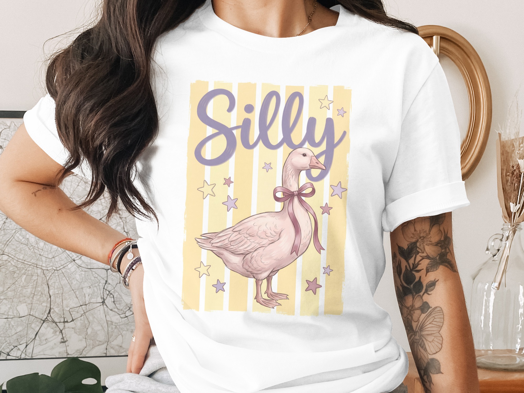 Silly Goose T-Shirt, Cute Whimsical Farm Animal Tee with Pink Ribbon, Cottagecore Aesthetic Graphic Design, Funny Quirky Bird Lover Gift For