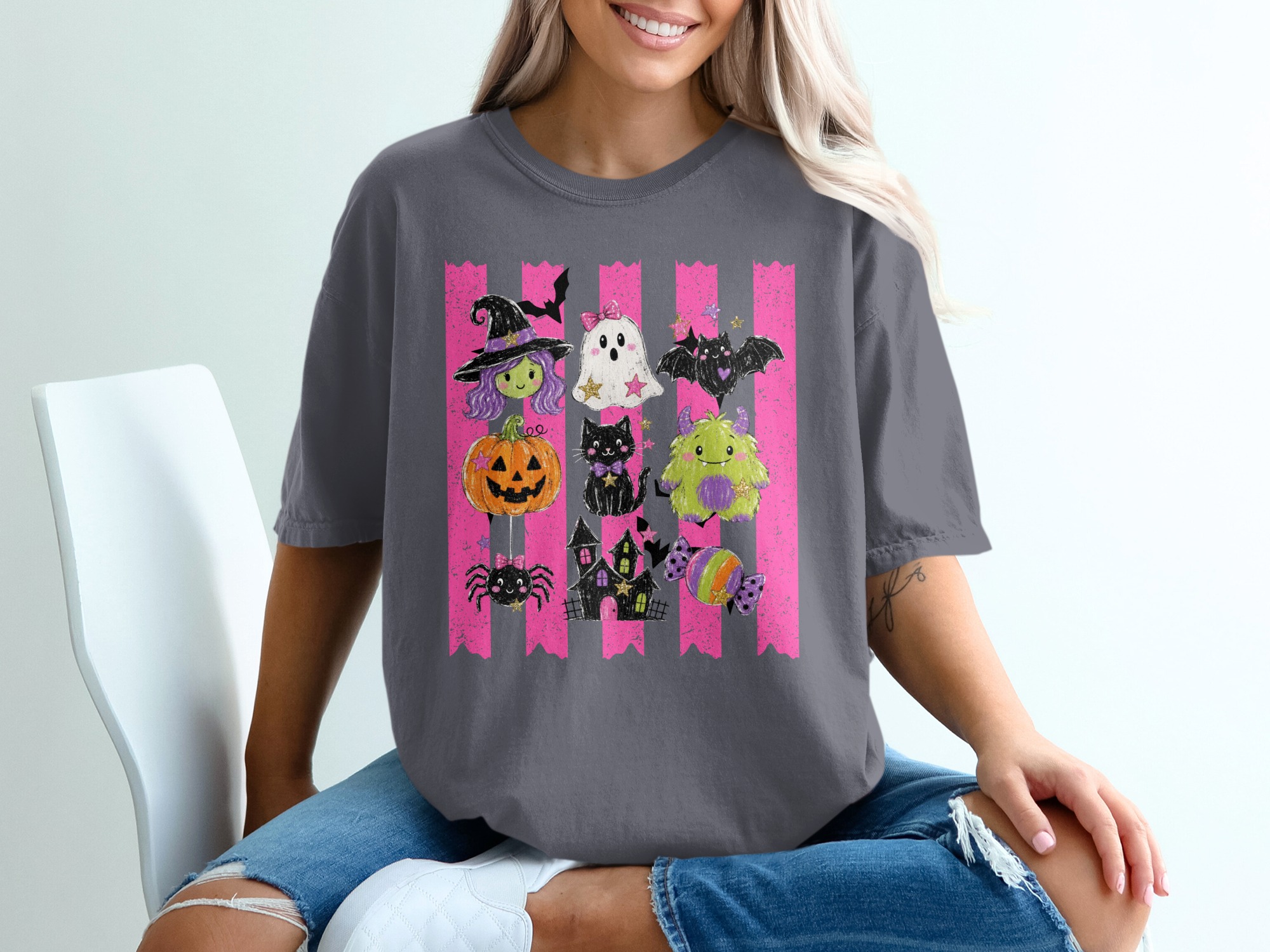 Cute Halloween T-Shirt, Spooky Season Witch Ghost Bat Pumpkin Cat Monster Spider Haunted House Candy Pink Stripes Graphic Tee - Image 5