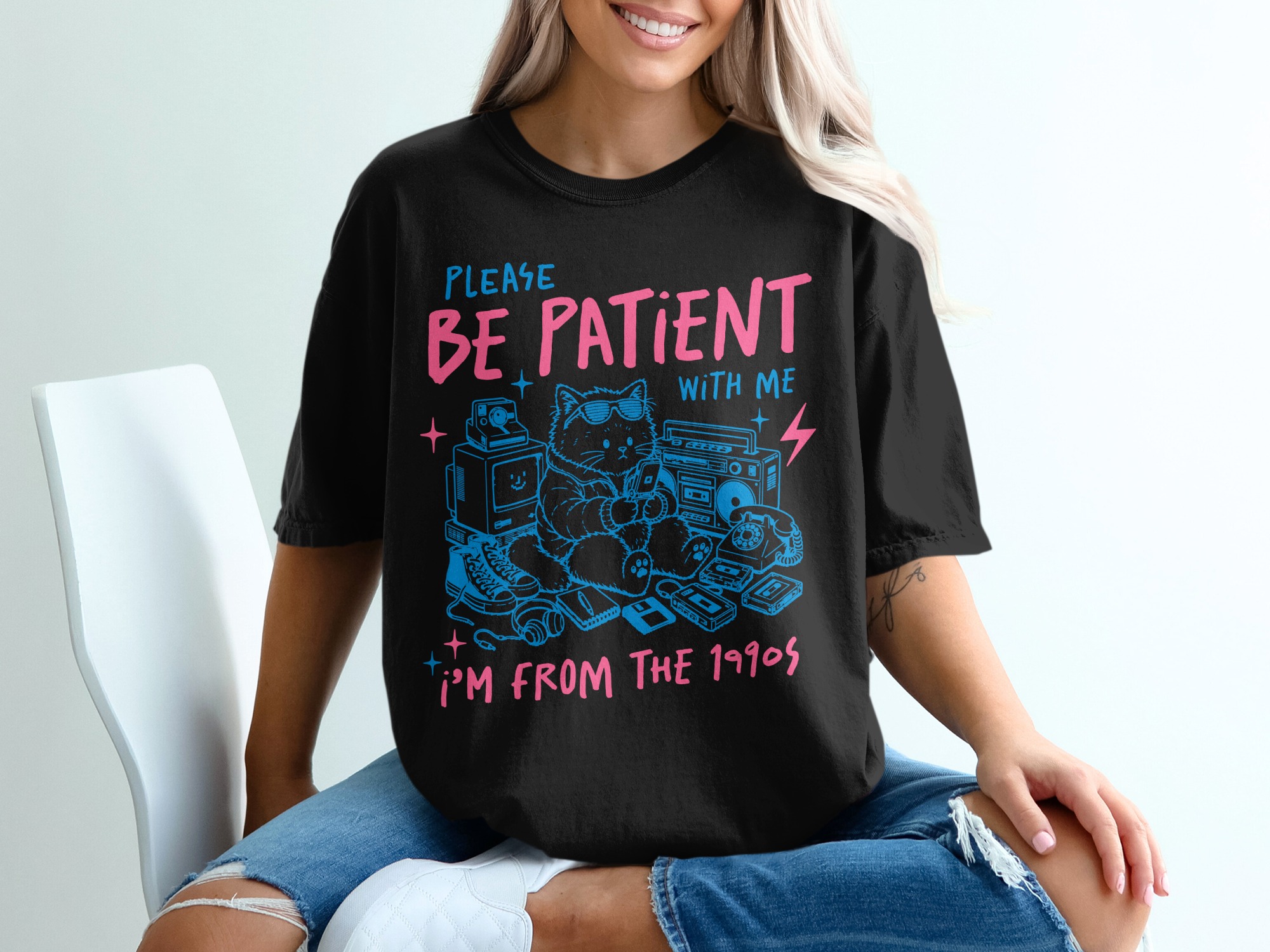 Please Be Patient 1990s Cat Shirt, Retro Tech Aesthetic Tee, Funny Millennial Nostalgia Gift T-Shirt - Image 2