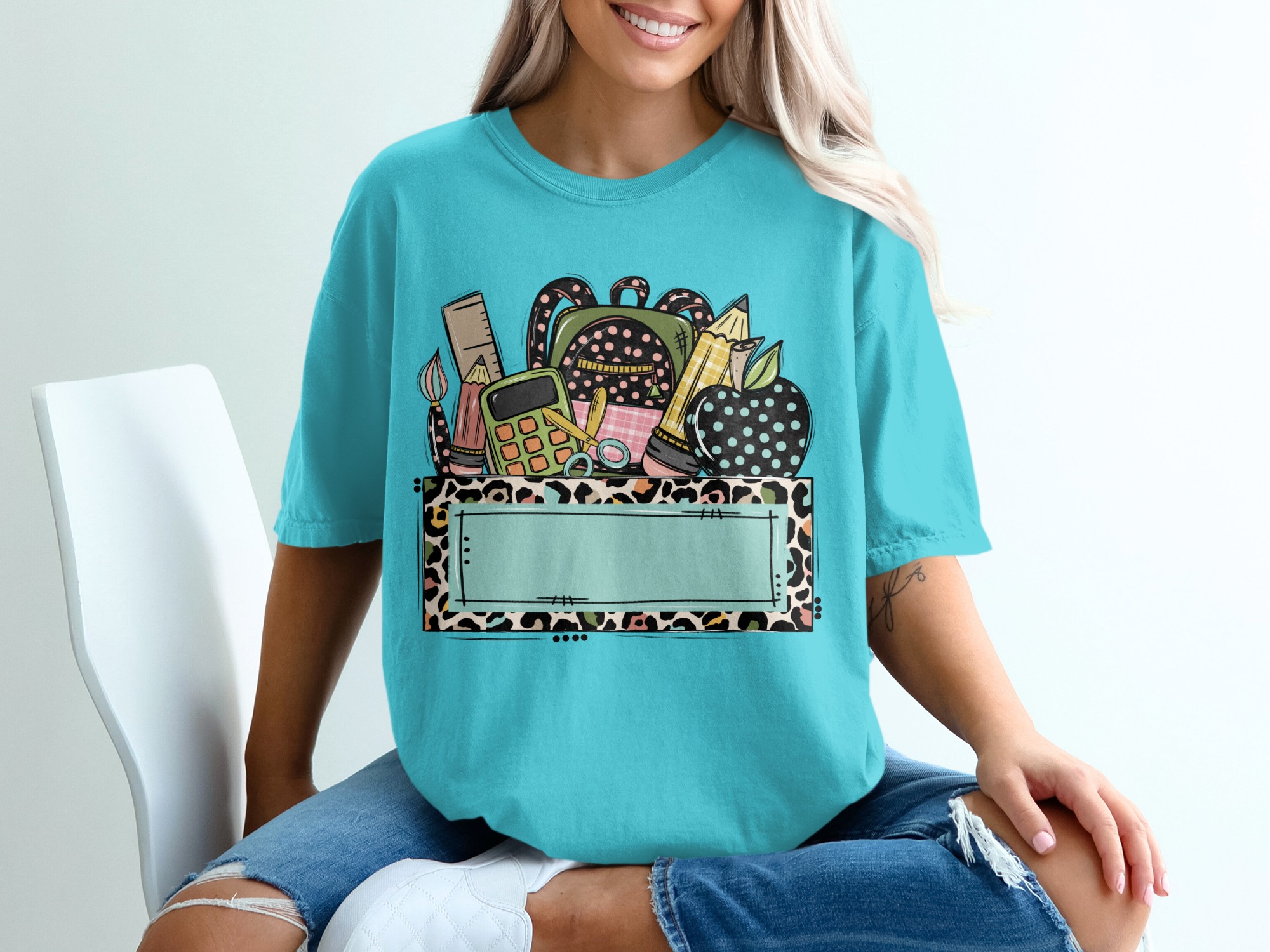 Custom Teacher School Supplies T-Shirt | Personalized Educator Gift, Back to School, Leopard Print Top - Image 9