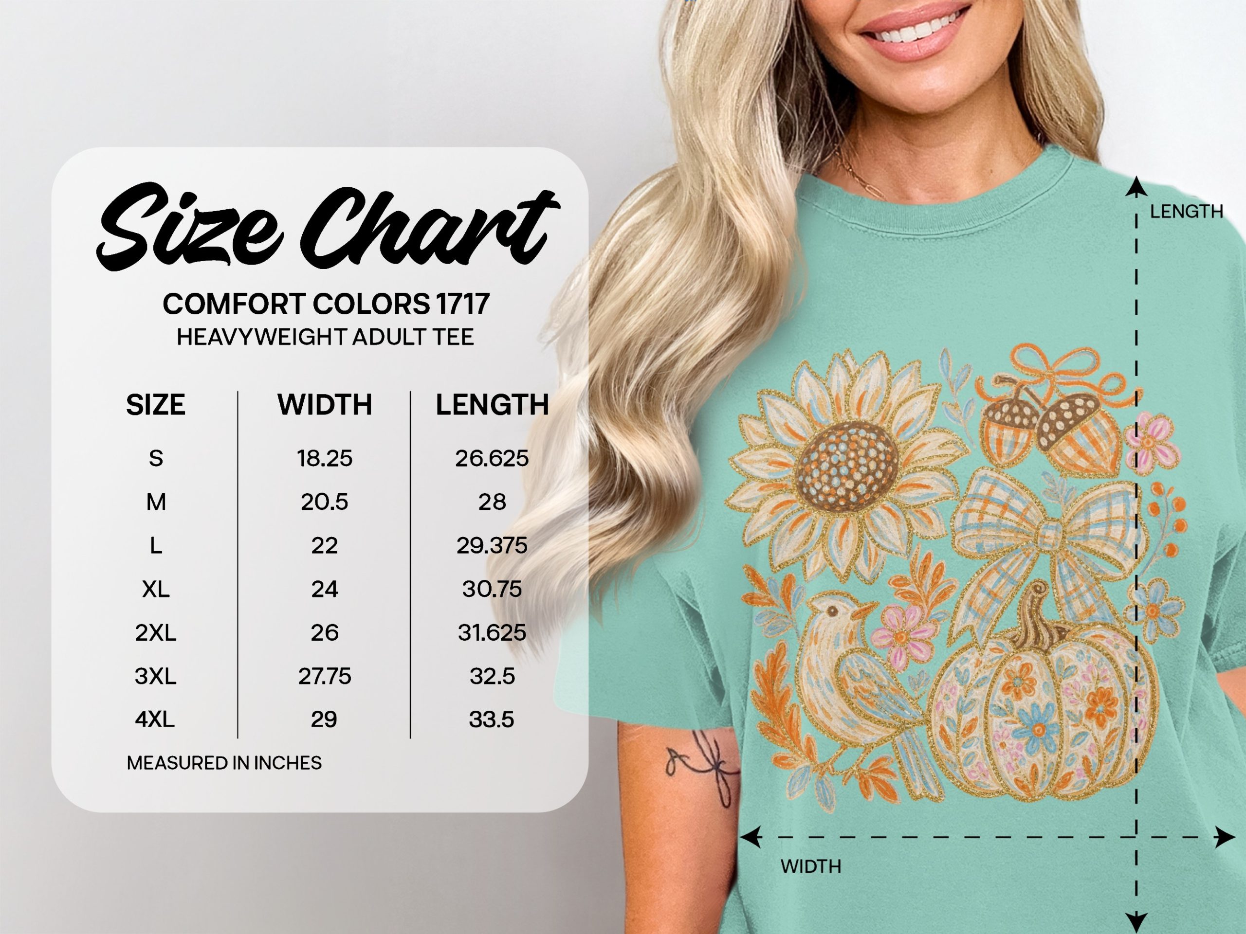 Comfort Colors ® Fall Aesthetic T-Shirt, Boho Pumpkin Patch Tee with Sunflower Bird Acorns & Plaid Bow Fall Shirt - Image 3
