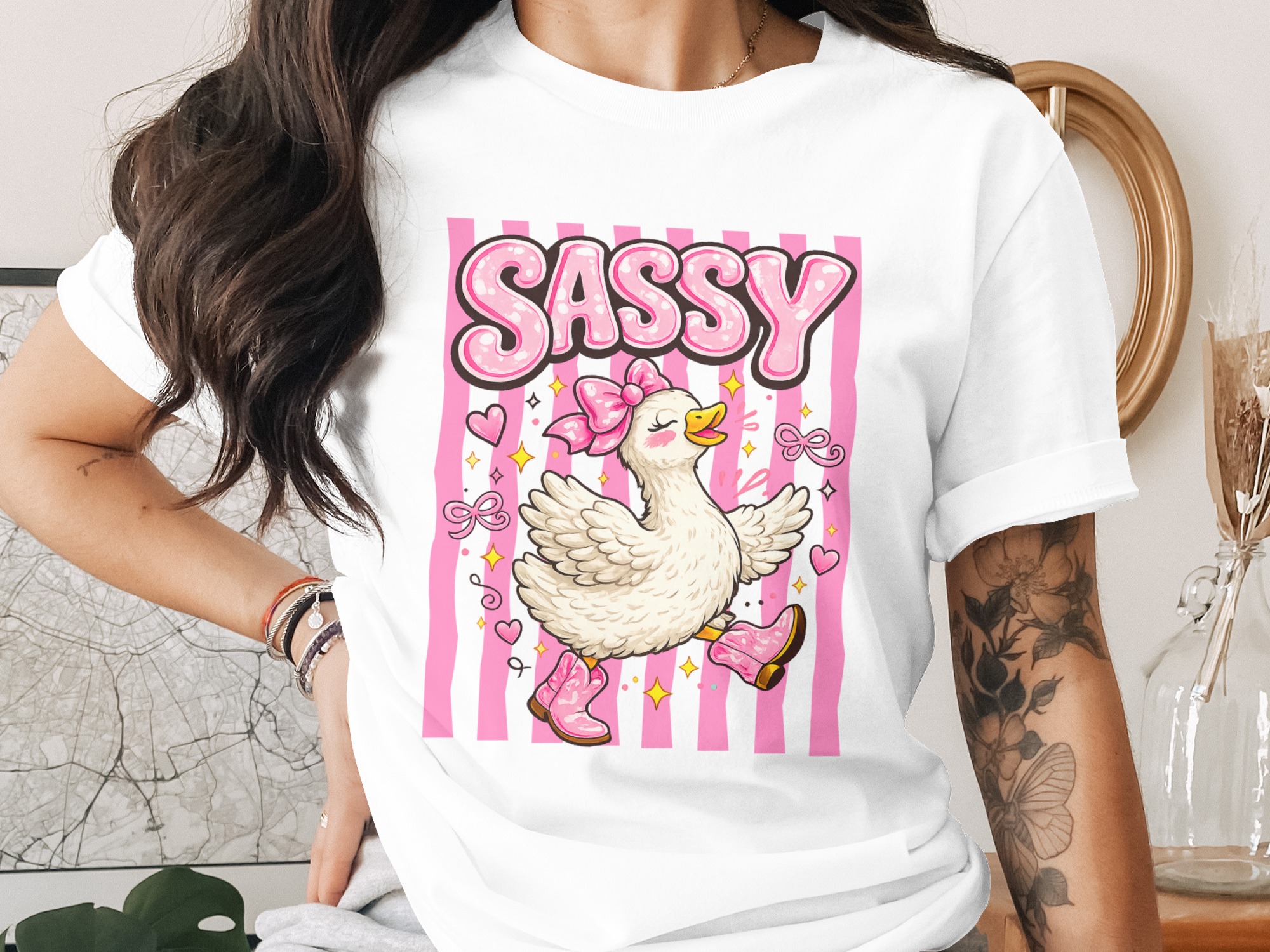 Sassy Duck T-Shirt, Comfort Colors ® Western Boots Shirt, Cute Coquette Animal Pink Bow Graphic Tee, Gift for Her