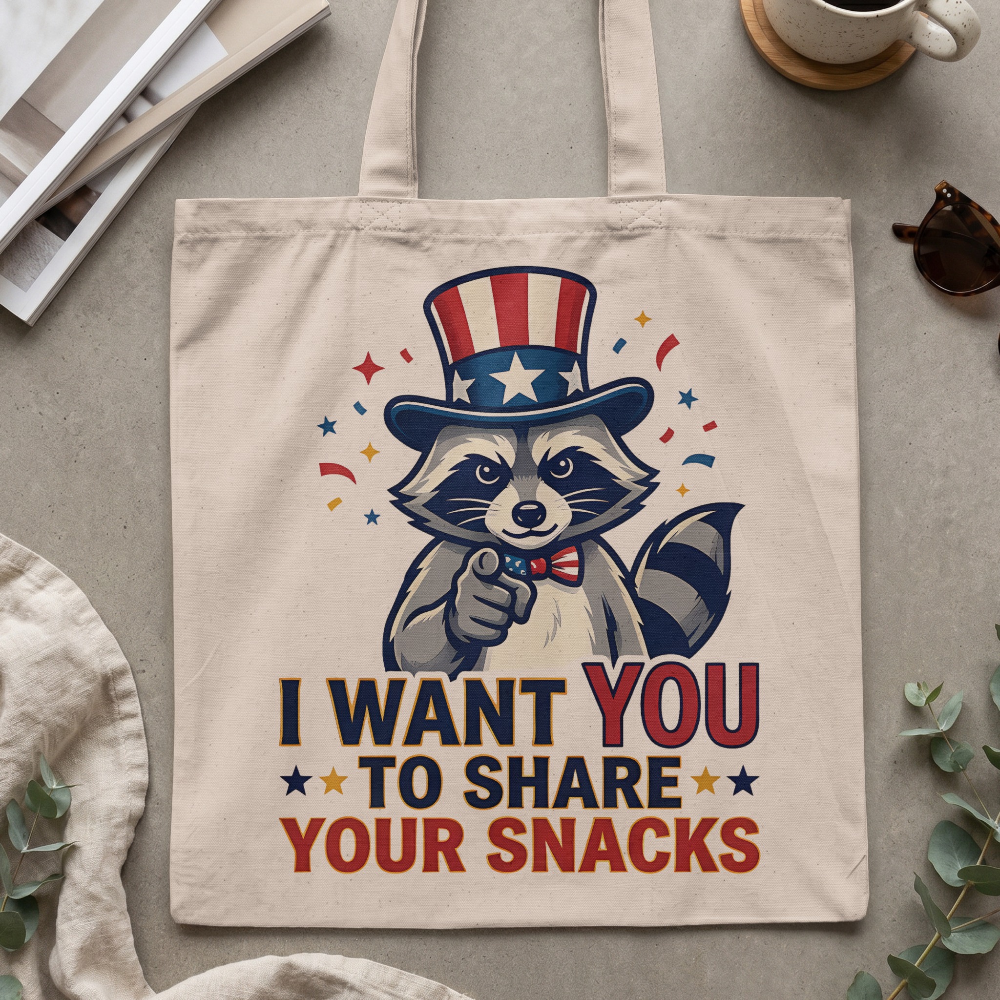 Funny Raccoon Tote Bag, I Want You To Share Snacks, Quirky Uncle Sam Animal Canvas Shopper Carryall Gift - Image 2