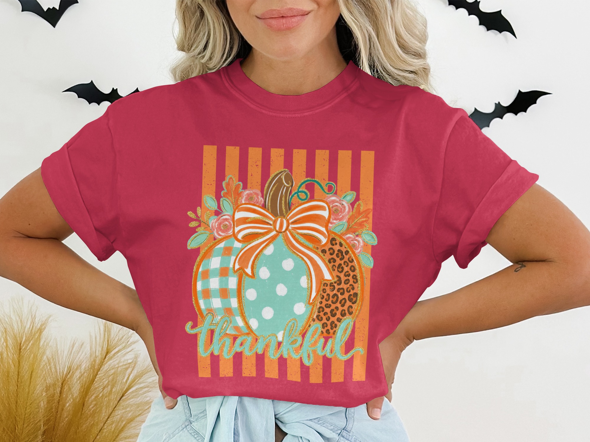 Thankful Pumpkin Patch Fall T-Shirt, Boho Leopard Gingham Polka Dot Autumn Harvest Thanksgiving Graphic Tee for Women - Image 11