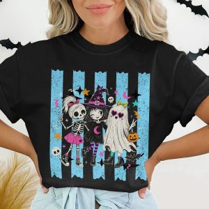 Cute Halloween Besties T-Shirt | Spooky Friends Witch Ghost Skeleton Tee | Kawaii Pastel Goth Graphic Shirt Gift