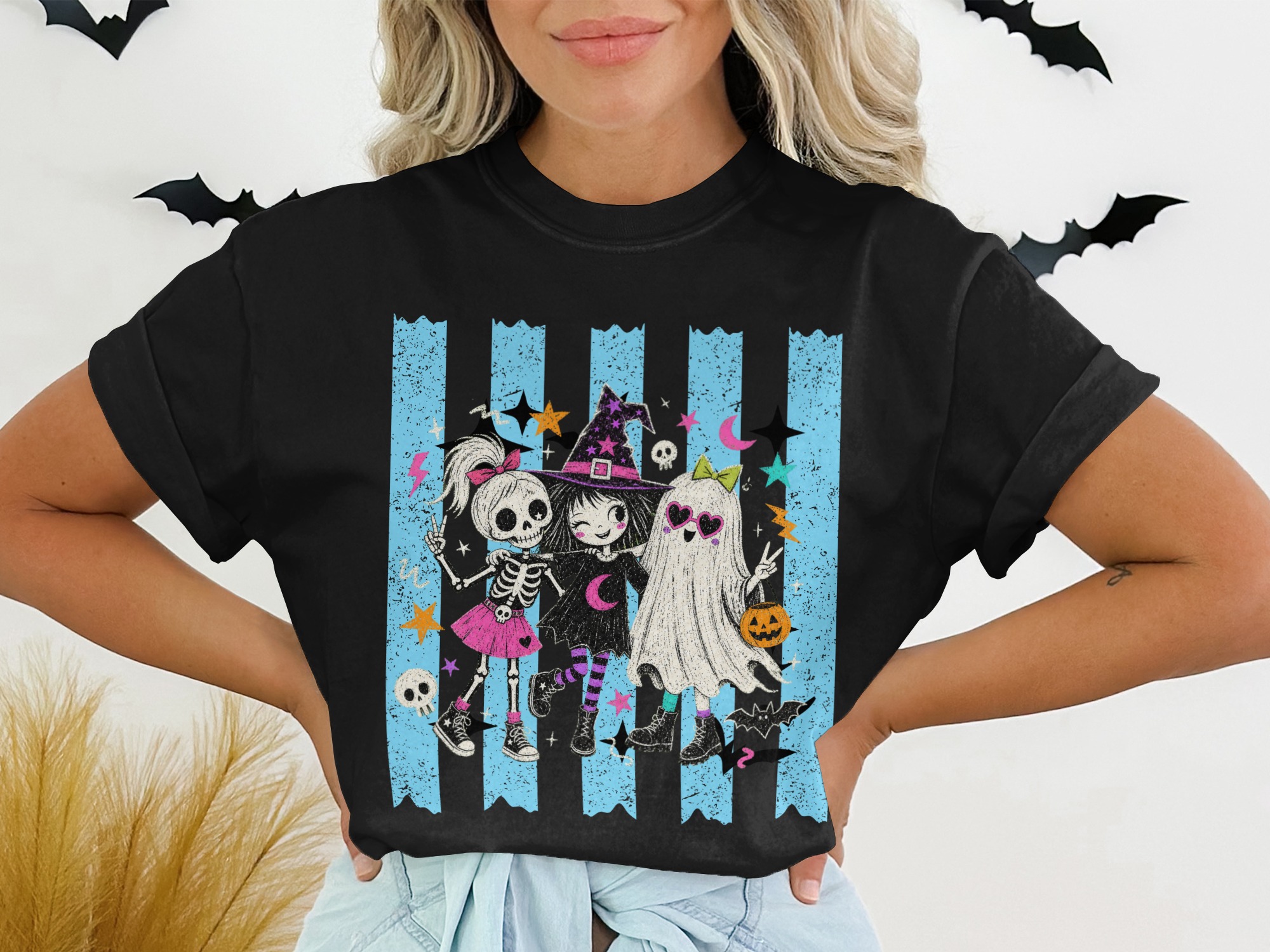 Cute Halloween Besties T-Shirt | Spooky Friends Witch Ghost Skeleton Tee | Kawaii Pastel Goth Graphic Shirt Gift