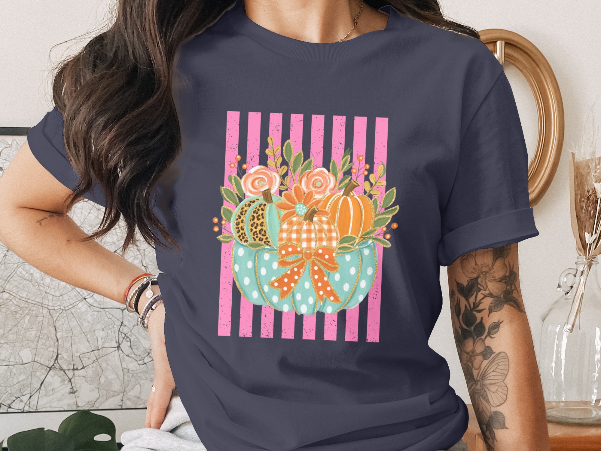 Whimsical Fall Pumpkins T-Shirt, Pink Striped Plaid Leopard Autumn Graphic Tee, Cute Colorful Harvest Vibes Farmhouse Shirt Gift - Image 3