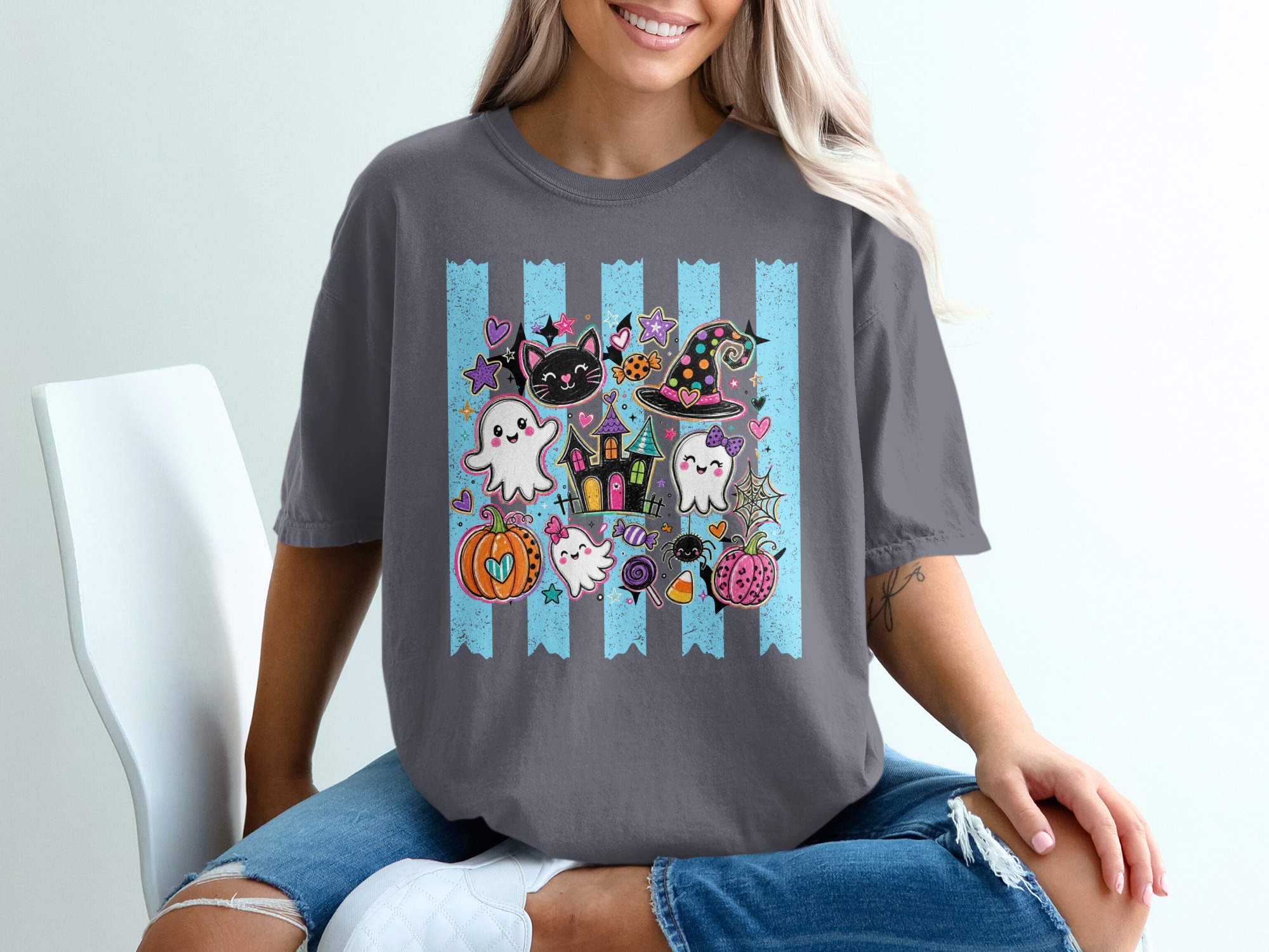 Cute Halloween Spooky Ghost T-Shirt, Kawaii Black Cat Witch Hat Pumpkin Tee, Whimsical Trick or Treat Kids & Adult Gift - Image 5