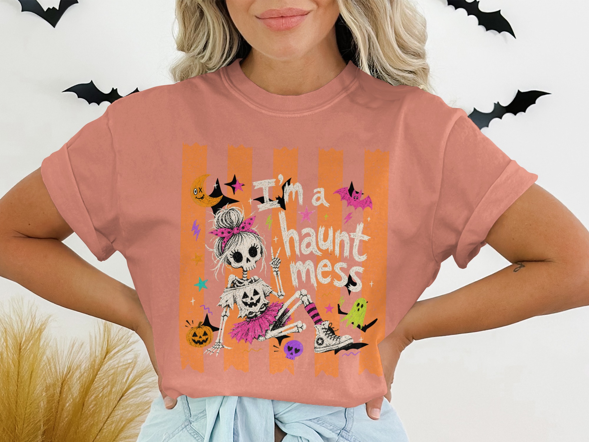 Spooky Cute Haunt Mess Skeleton Girl T-Shirt, Kawaii Pastel Goth Halloween Tee, Fun Y2K Fall Season Shirt for Women & Teens - Image 3