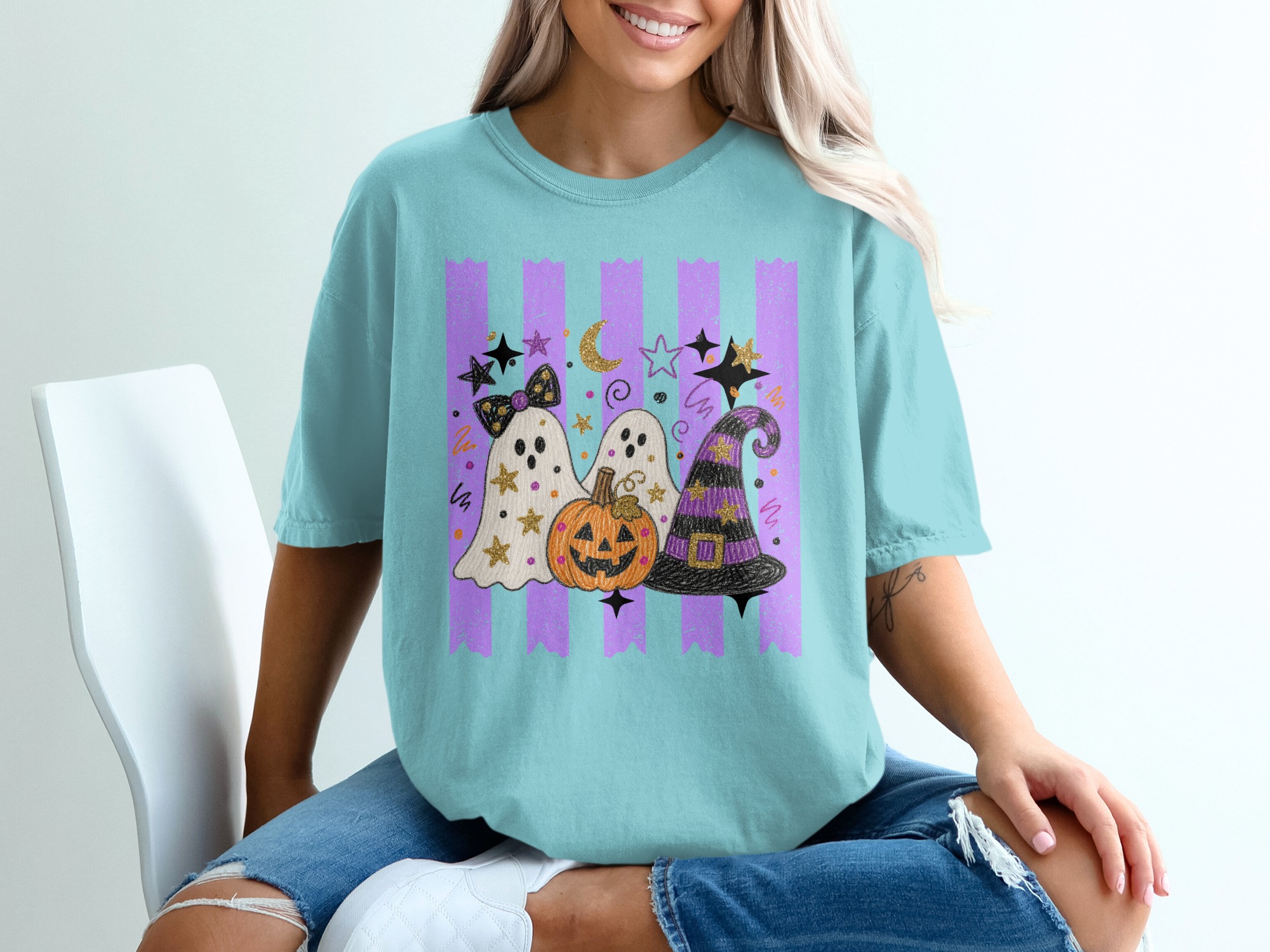 Cute Ghost Halloween T-Shirt, Spooky Pumpkin Witch Hat Graphic Tee, Faux Glitter Fall Festive Women's Purple Stripe Trick or Treat Apparel - Image 8