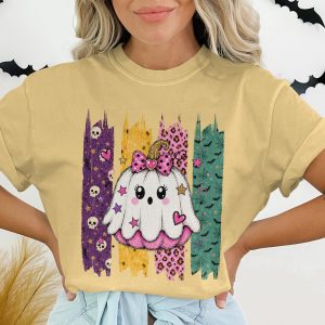 Kawaii Ghost Pumpkin Halloween T-Shirt, Spooky Cute Leopard Print Skeleton Bat Stripe Tee, Fun Fall Gift
