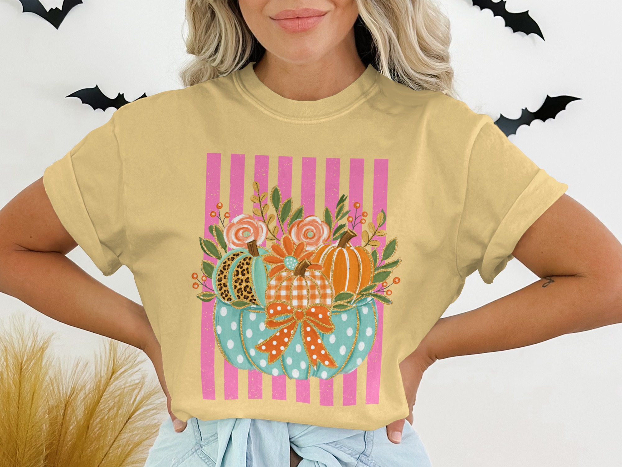 Whimsical Fall Pumpkins T-Shirt, Pink Striped Plaid Leopard Autumn Graphic Tee, Cute Colorful Harvest Vibes Farmhouse Shirt Gift - Image 4