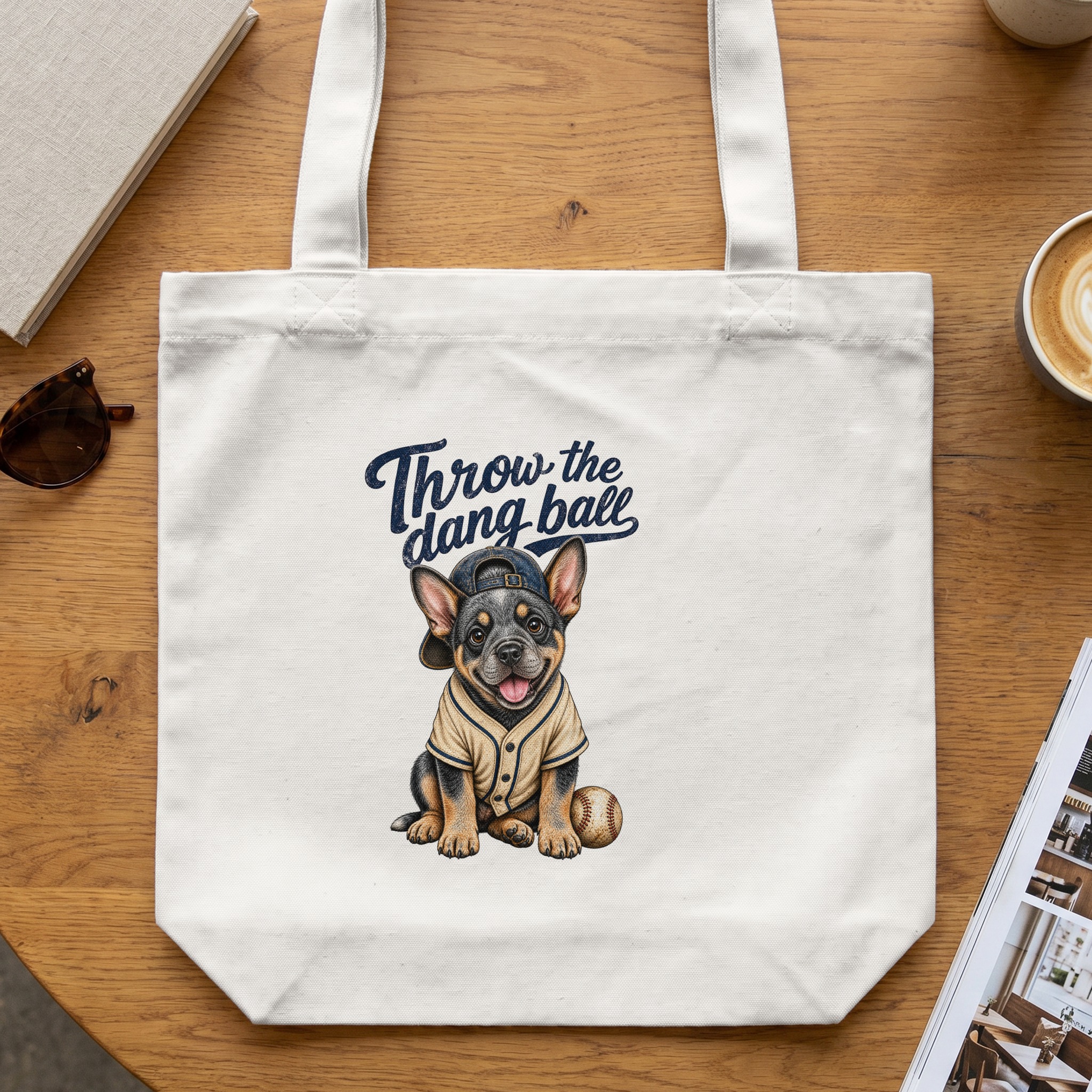 'Throw the dang ball' Baseball Puppy Tote Bag, Funny Dog Lover French Bulldog Owner Gift for Pet Moms Dads