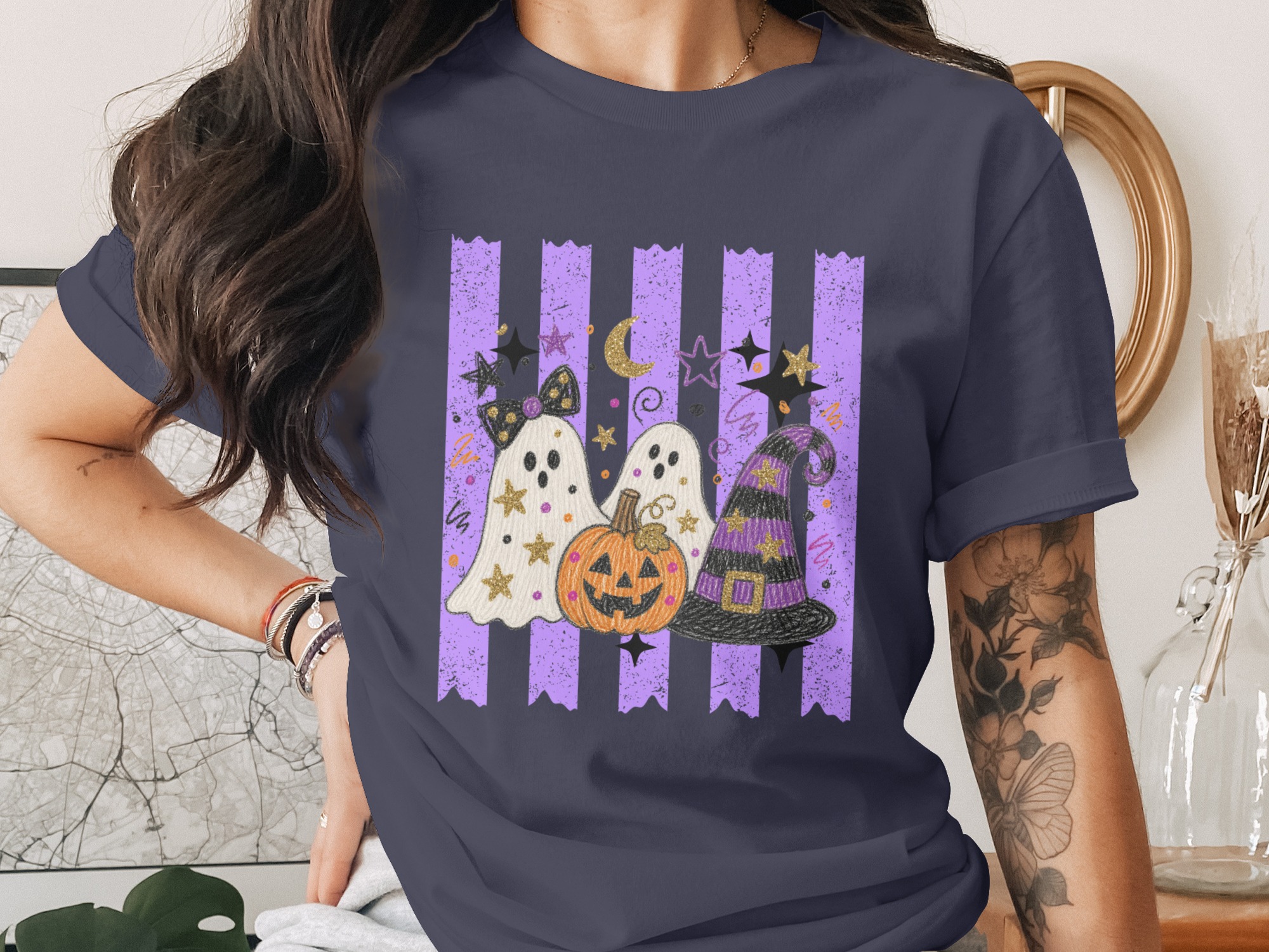 Cute Ghost Halloween T-Shirt, Spooky Pumpkin Witch Hat Graphic Tee, Faux Glitter Fall Festive Women's Purple Stripe Trick or Treat Apparel - Image 12