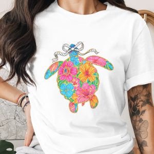 Preppy Sea Turtle T-Shirt, Comfort Colors ® Floral Glitter Turtle Tee, Vibrant Coastal Beach Vacation Gift