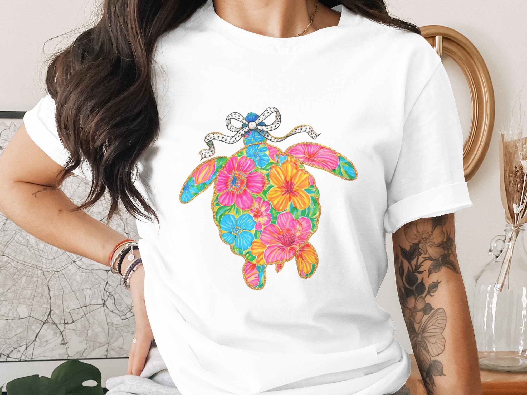 Preppy Sea Turtle T-Shirt, Comfort Colors ® Floral Glitter Turtle Tee, Vibrant Coastal Beach Vacation Gift