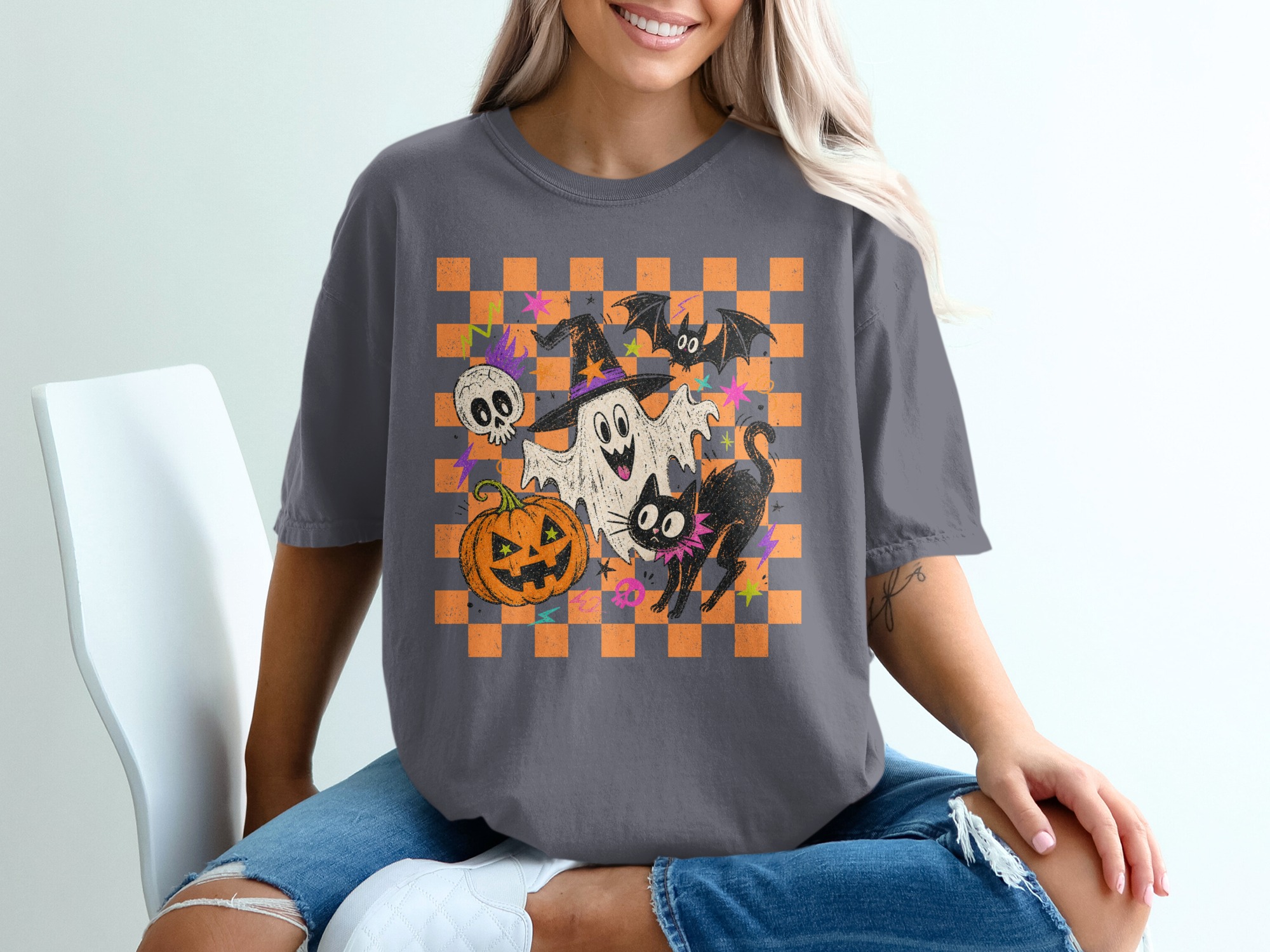 Spooky Cute Halloween T-Shirt, Retro Checkered Ghost Pumpkin Black Cat Shirt, Funky Spooky Season Tee, Fall Vibes Unisex Graphic Tee - Image 2