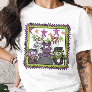 Cute Spooky Season T-Shirt, Halloween Monsters Design, Bat Dracula Ghost Mummy Frankenstein Kids Cartoon Tee