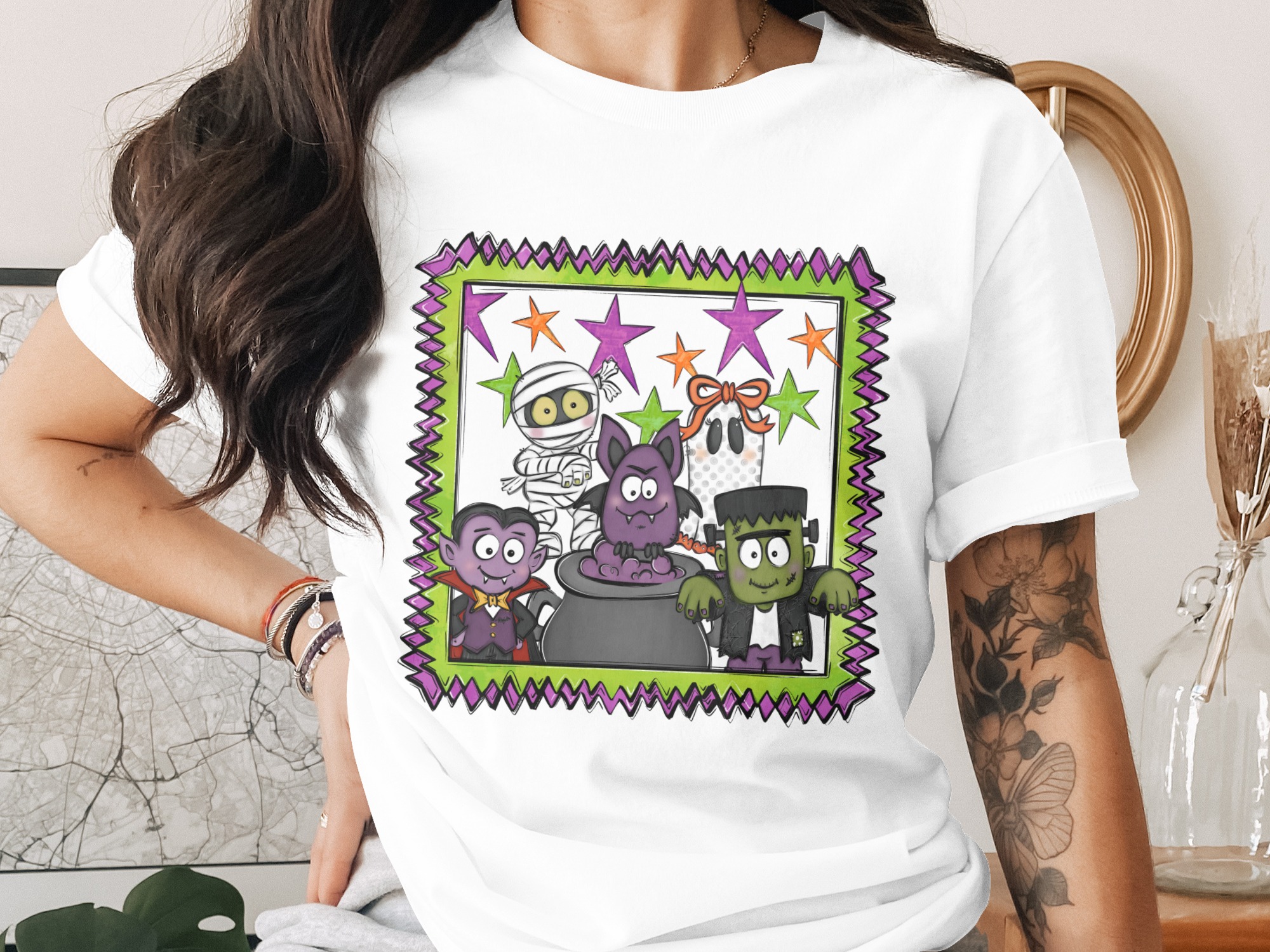 Cute Spooky Season T-Shirt, Halloween Monsters Design, Bat Dracula Ghost Mummy Frankenstein Kids Cartoon Tee