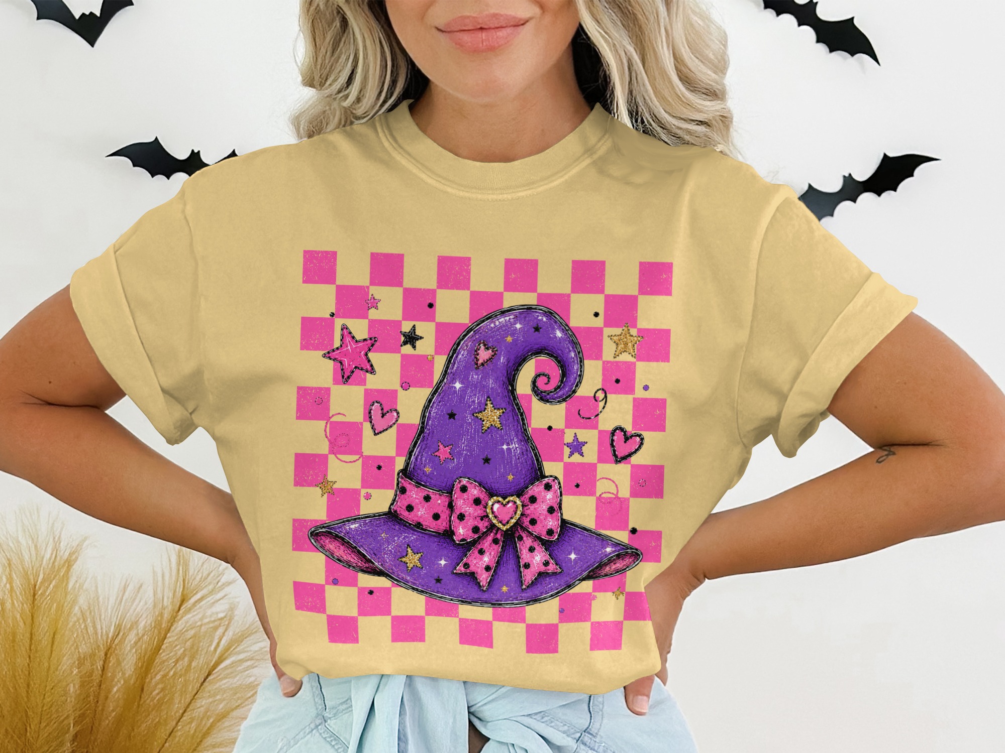 Cute Witch Hat T-Shirt with Pink Checkerboard Background & Stars | Whimsical Halloween Aesthetic Tee - Image 7