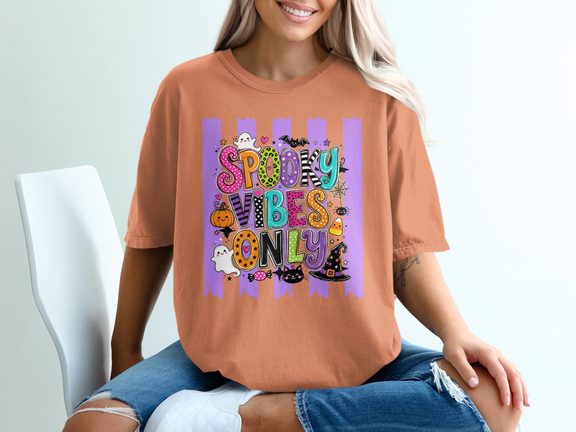 Spooky Vibes Only Halloween T-Shirt | Cute Fall Season Tee | Ghost Pumpkin Witch Hat Black Cat | Fun Holiday Top - Image 3