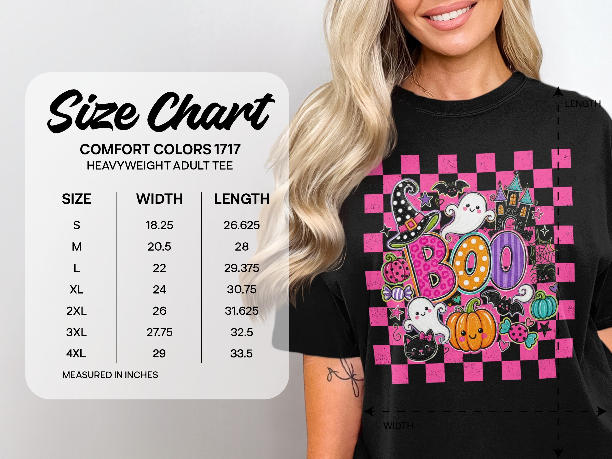 Cute Spooky Season Boo Shirt, Retro Halloween Graphic Tee, Pink Checkered Ghost Pumpkin Bat T-Shirt for Women - Image 6