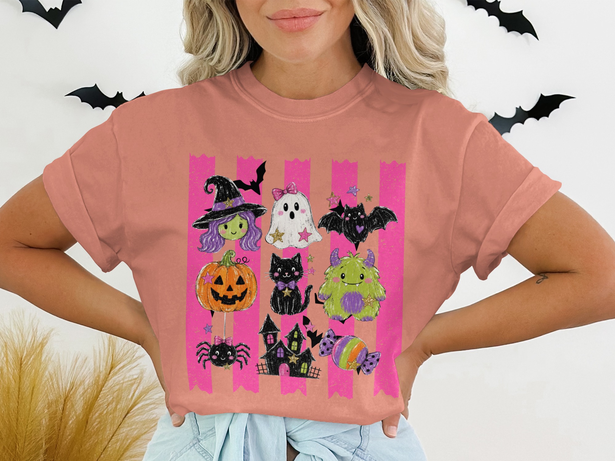 Cute Halloween T-Shirt, Spooky Season Witch Ghost Bat Pumpkin Cat Monster Spider Haunted House Candy Pink Stripes Graphic Tee - Image 3