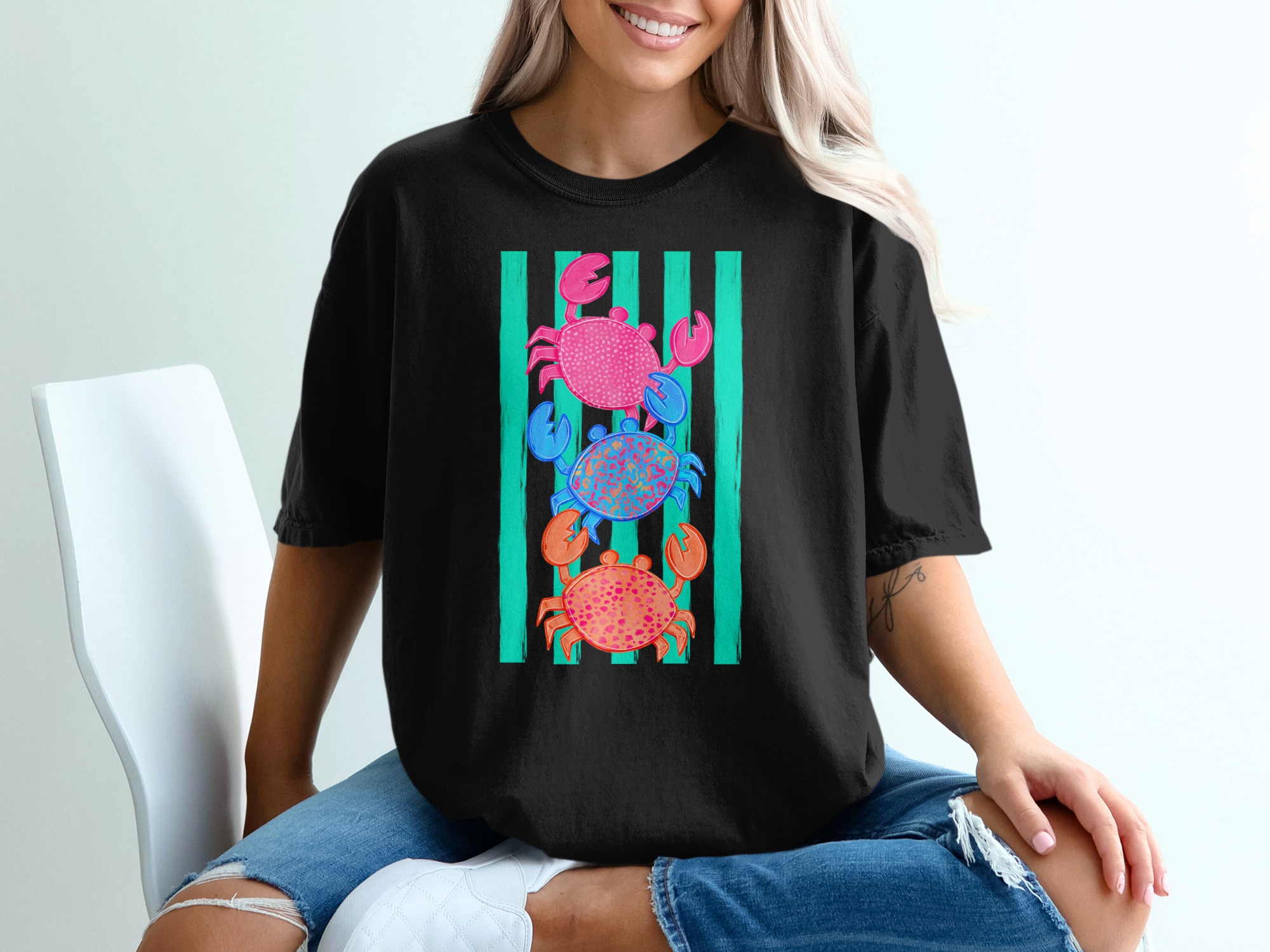 Vibrant Stacked Crabs T-Shirt, Colorful Beach Tee, Ocean Lover Summer Vacation Shirt, Nautical Coastal Gift for Her - Image 2