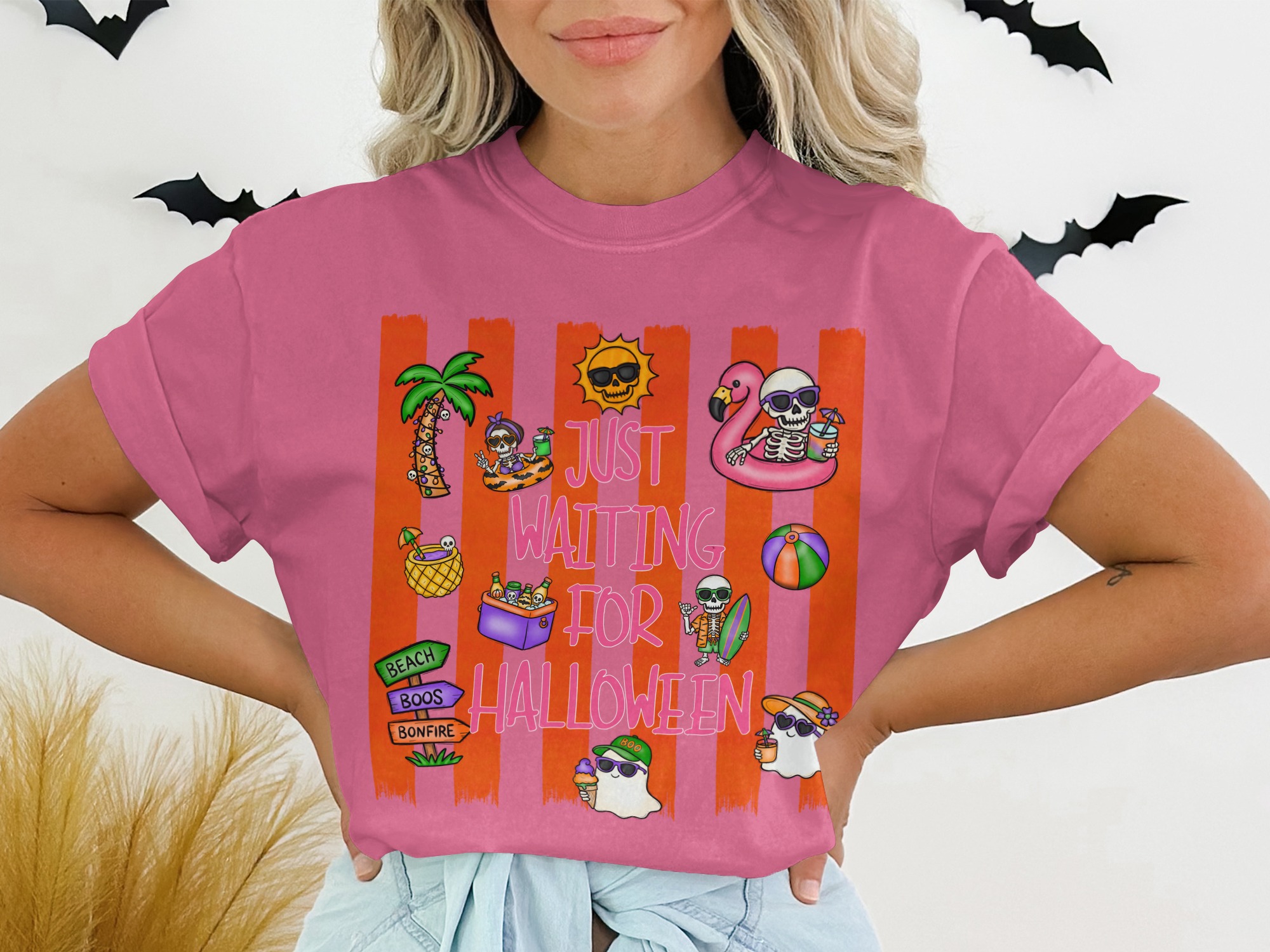 Just Waiting For Halloween Beach Vacation T-Shirt, Spooky Season Summer Vibes Shirt, Cute Skeleton Ghost Tee - Image 6
