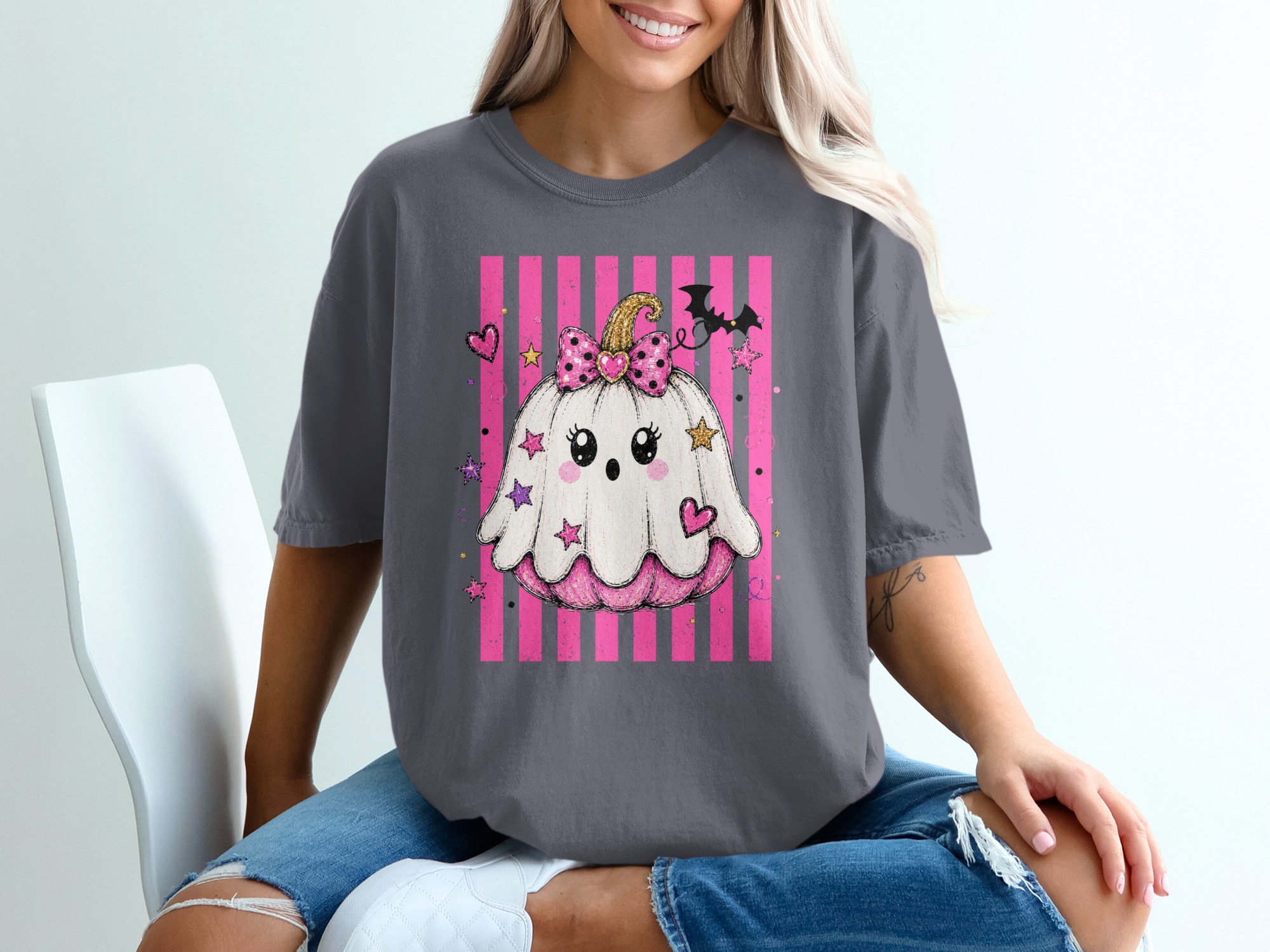 Cute Ghost Pumpkin Halloween Shirt, Spooky Kawaii Pumpkin T-Shirt, Pink Goth Halloween Tee, Trick or Treat Top - Image 5